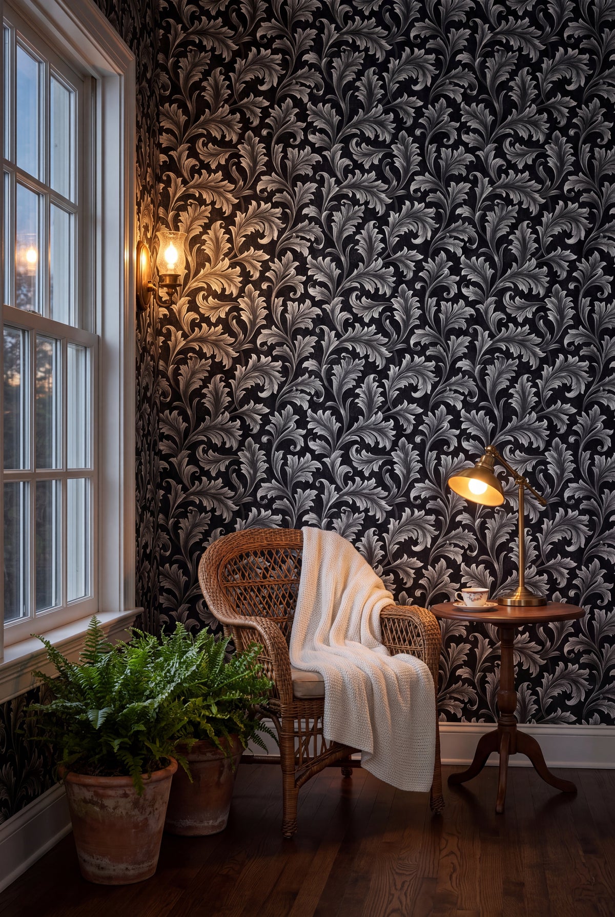 Pearl Frond wallpaper shown in a sunroom