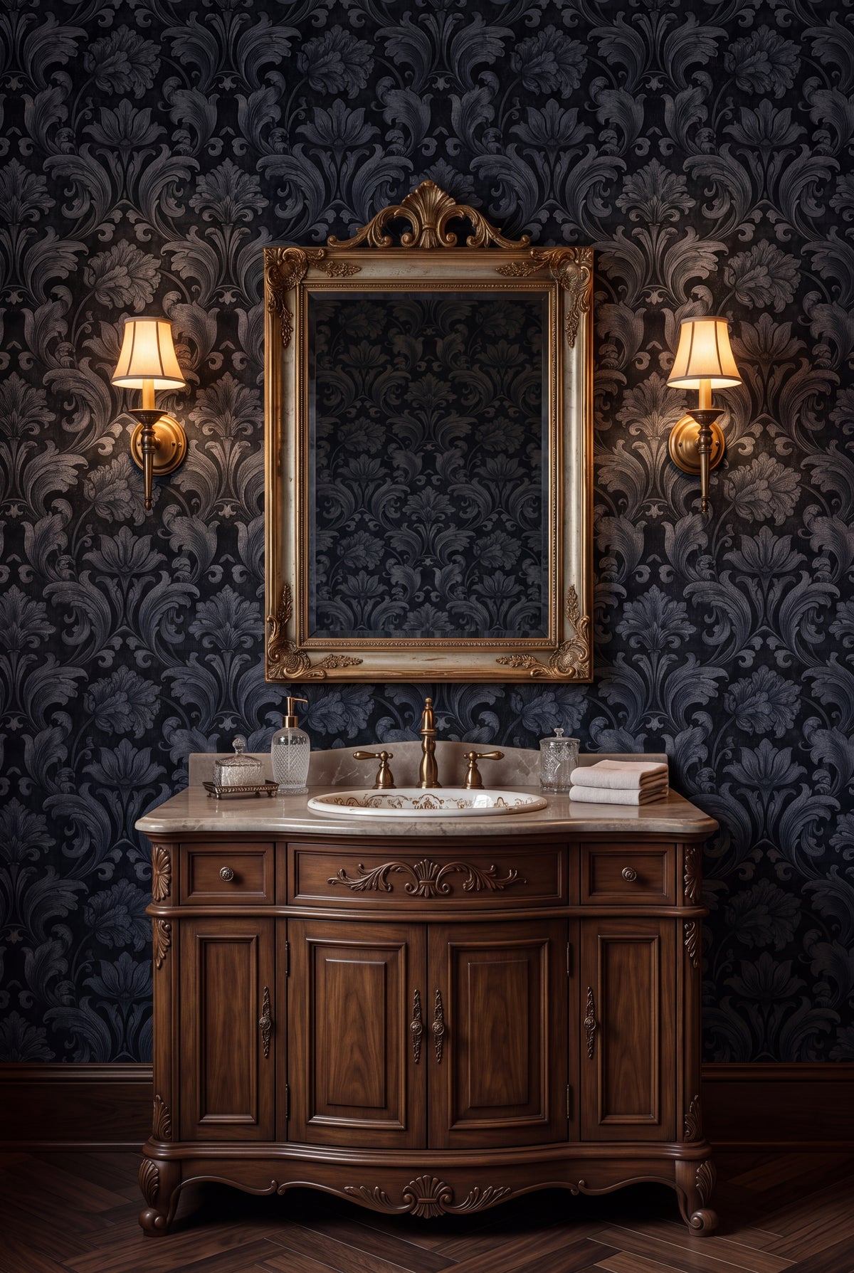 Slate Damask wallpaper shown in a powder room