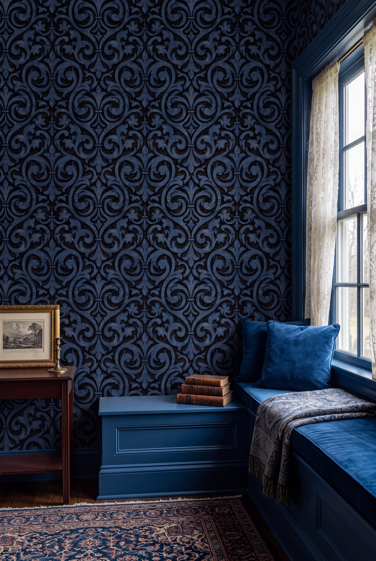 Regent Fleur wallpaper shown in a window seat alcove