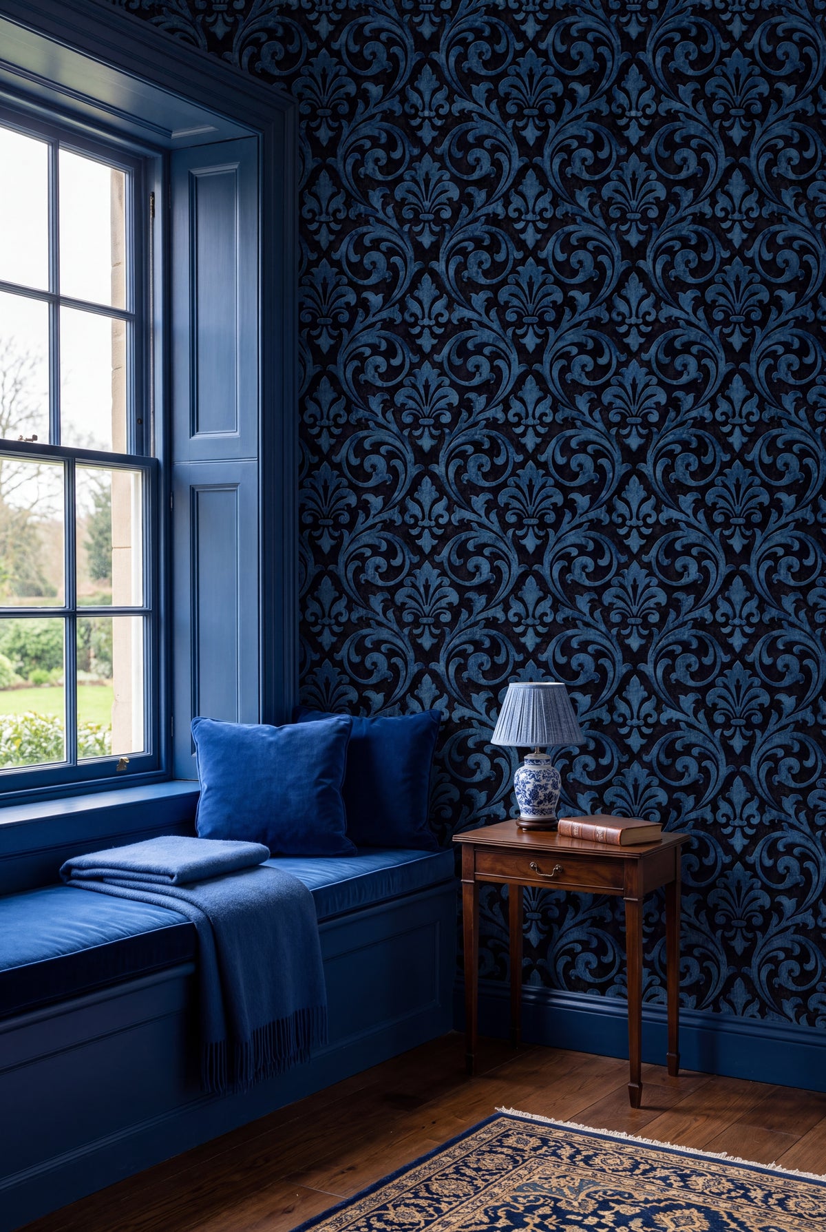 Cobalt Scrollwork wallpaper shown in a window seat alcove