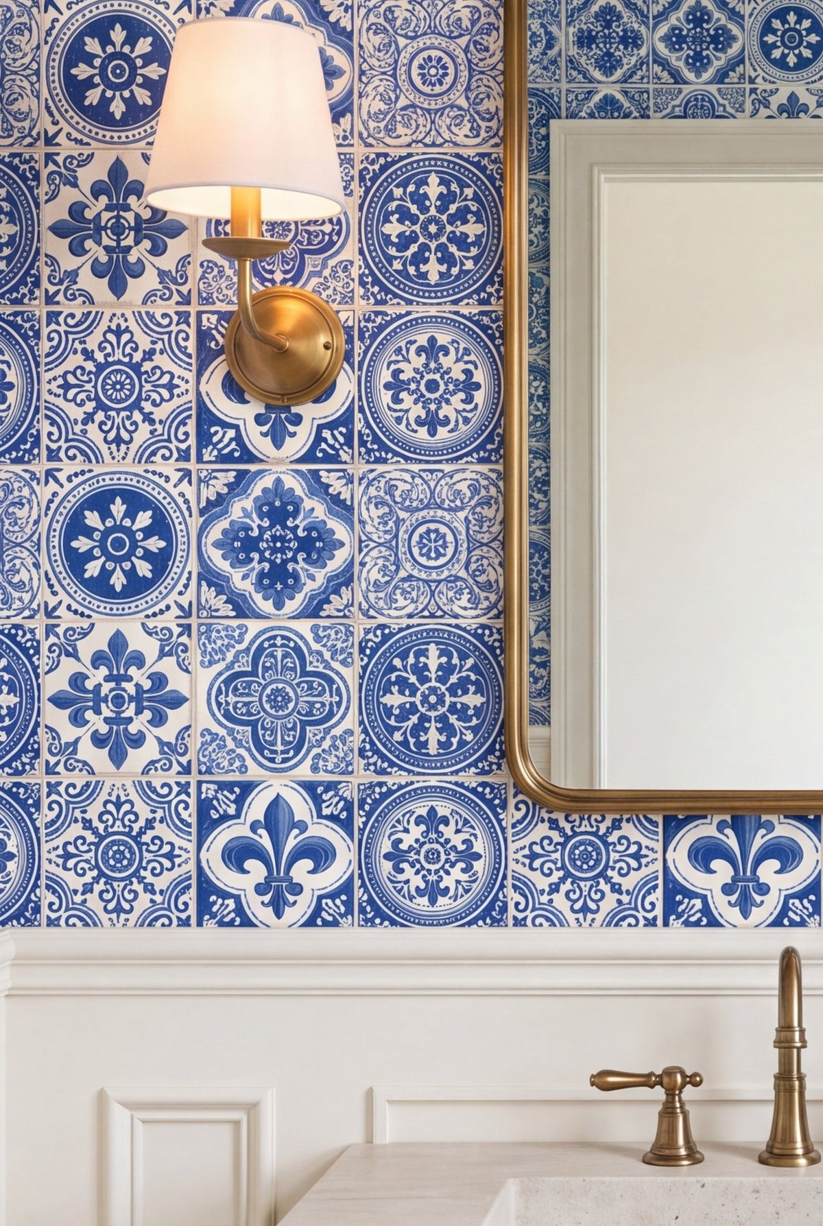 Lisbon Blue wallpaper shown in a powder room