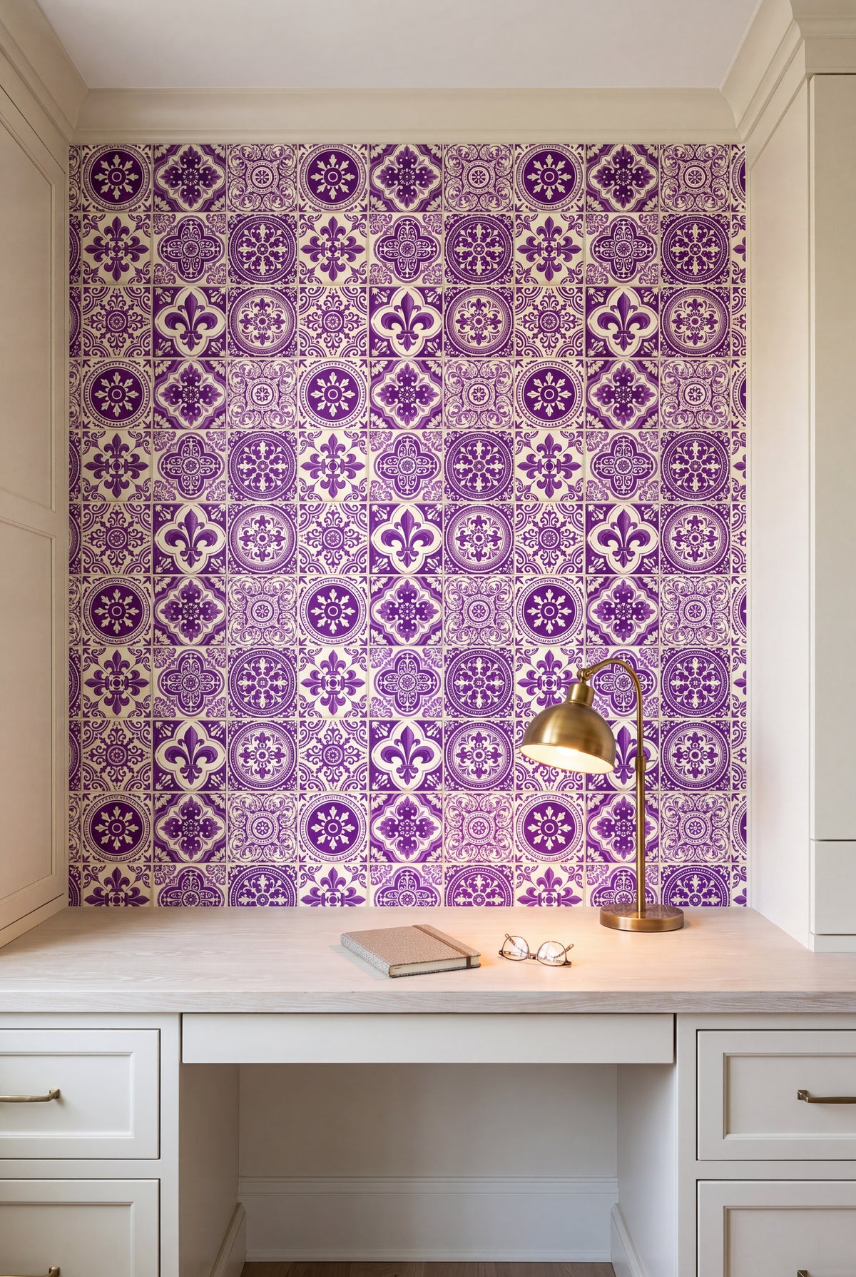 Lisbon Violet wallpaper shown in a home office