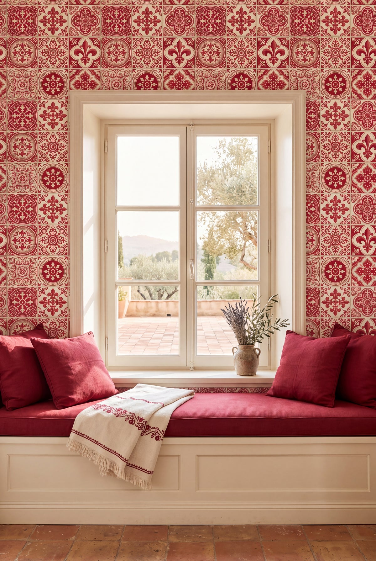 Lisbon Crimson wallpaper shown in a window seat alcove