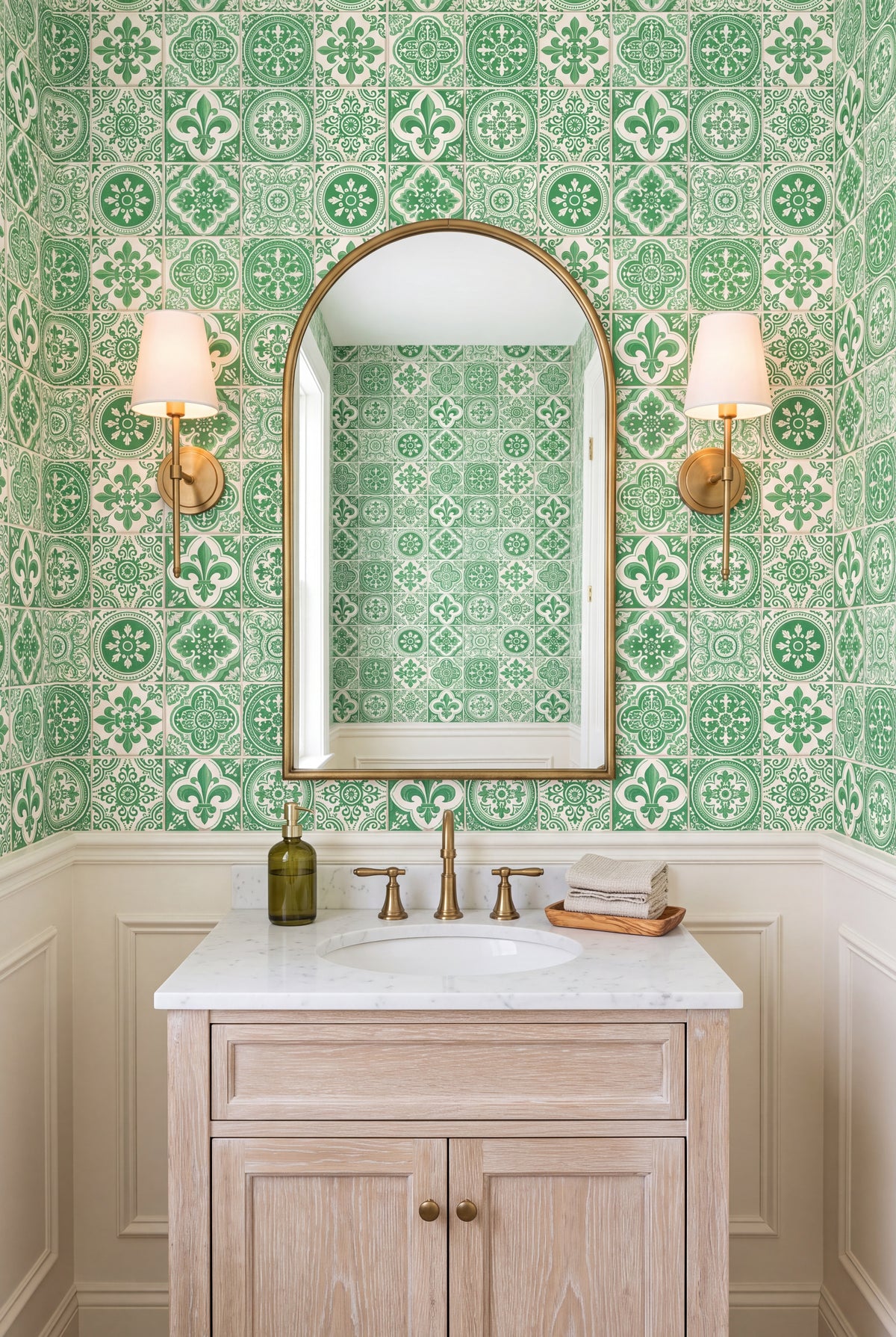 Lisbon Verde wallpaper shown in a powder room