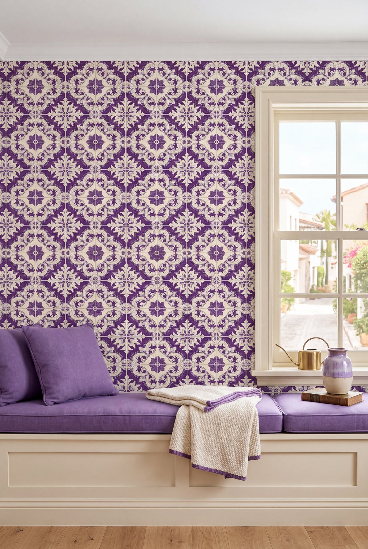 Porto Violet wallpaper shown in a window seat alcove