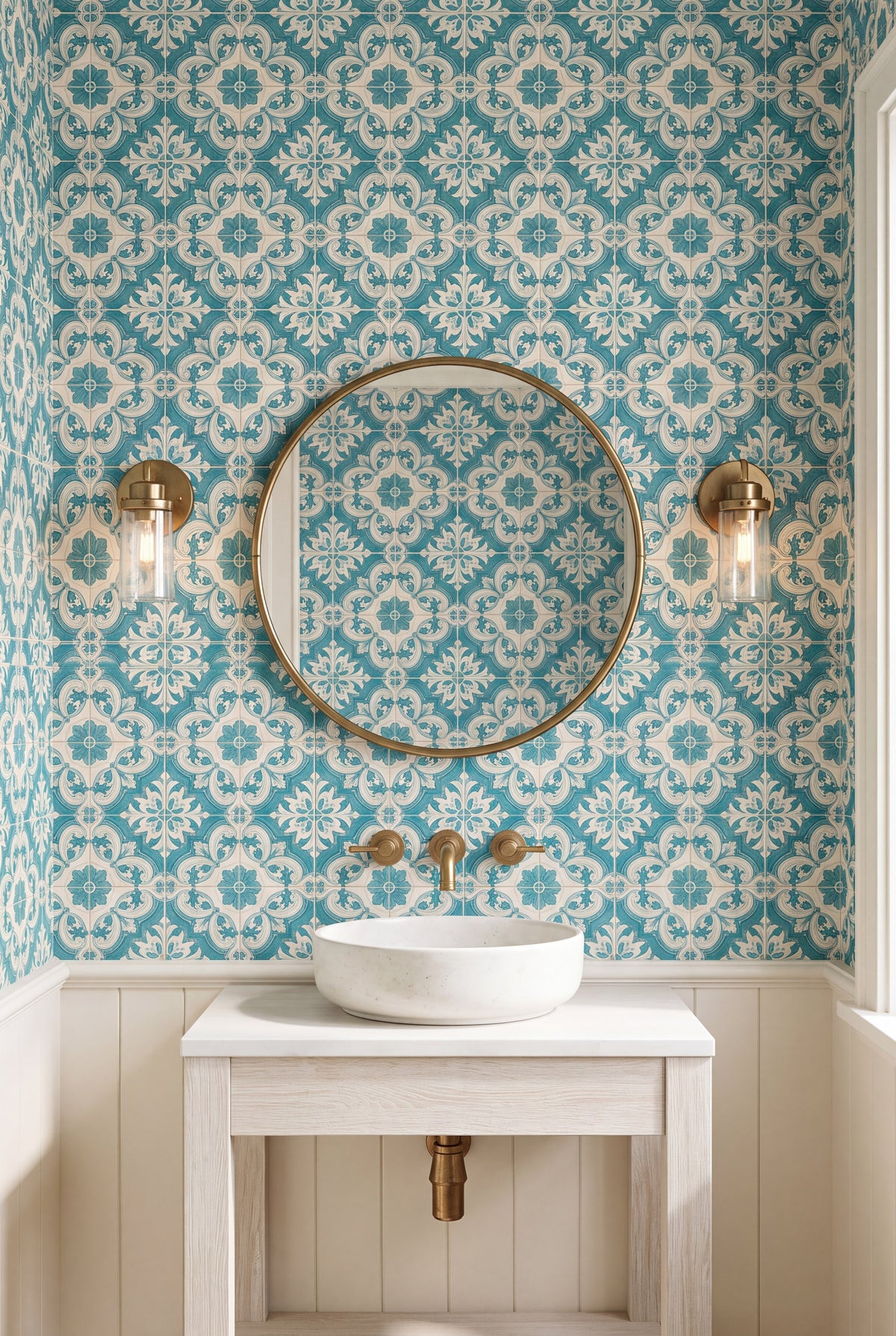 Porto Teal wallpaper shown in a powder room
