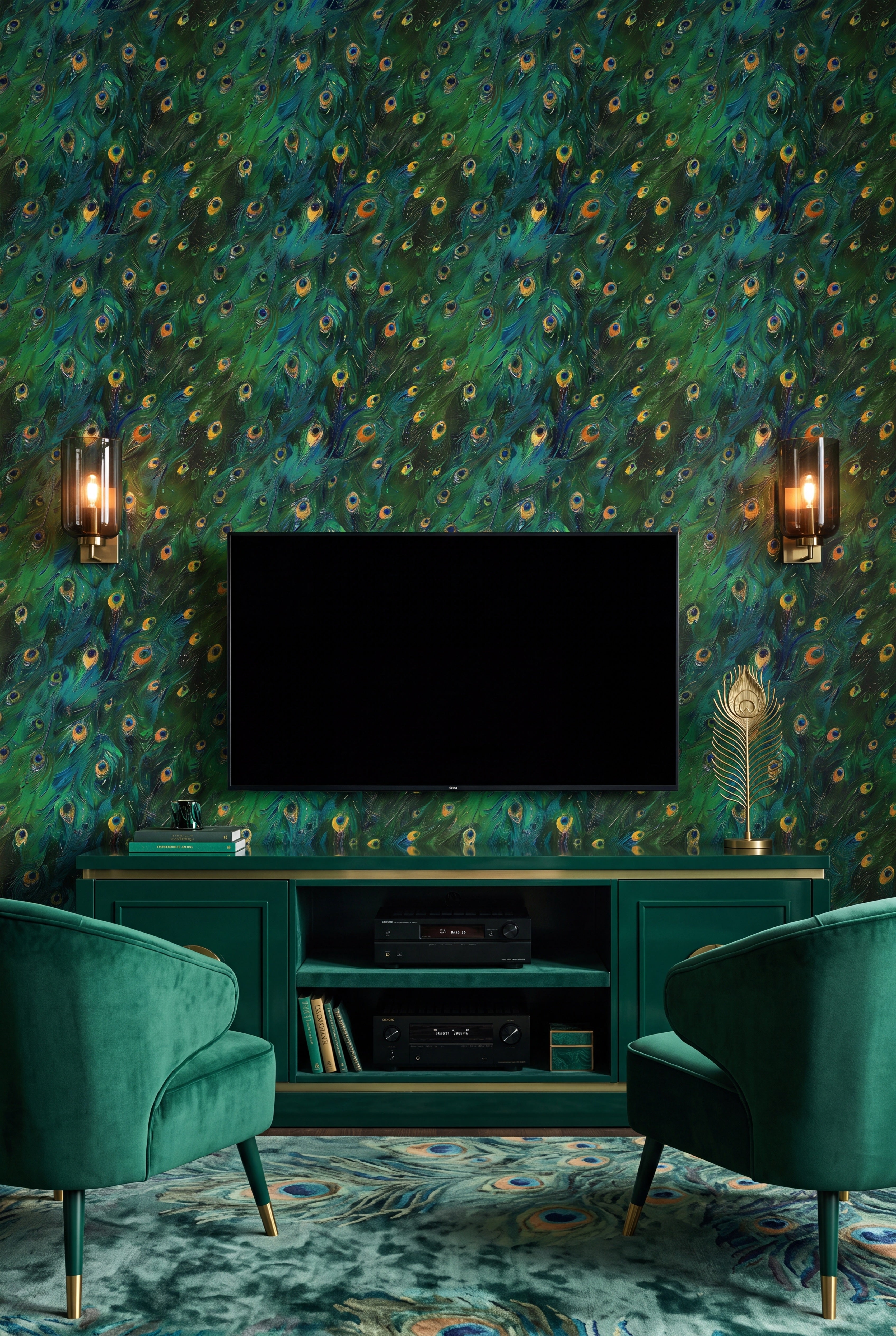 Peacock Parade wallpaper shown in a media room