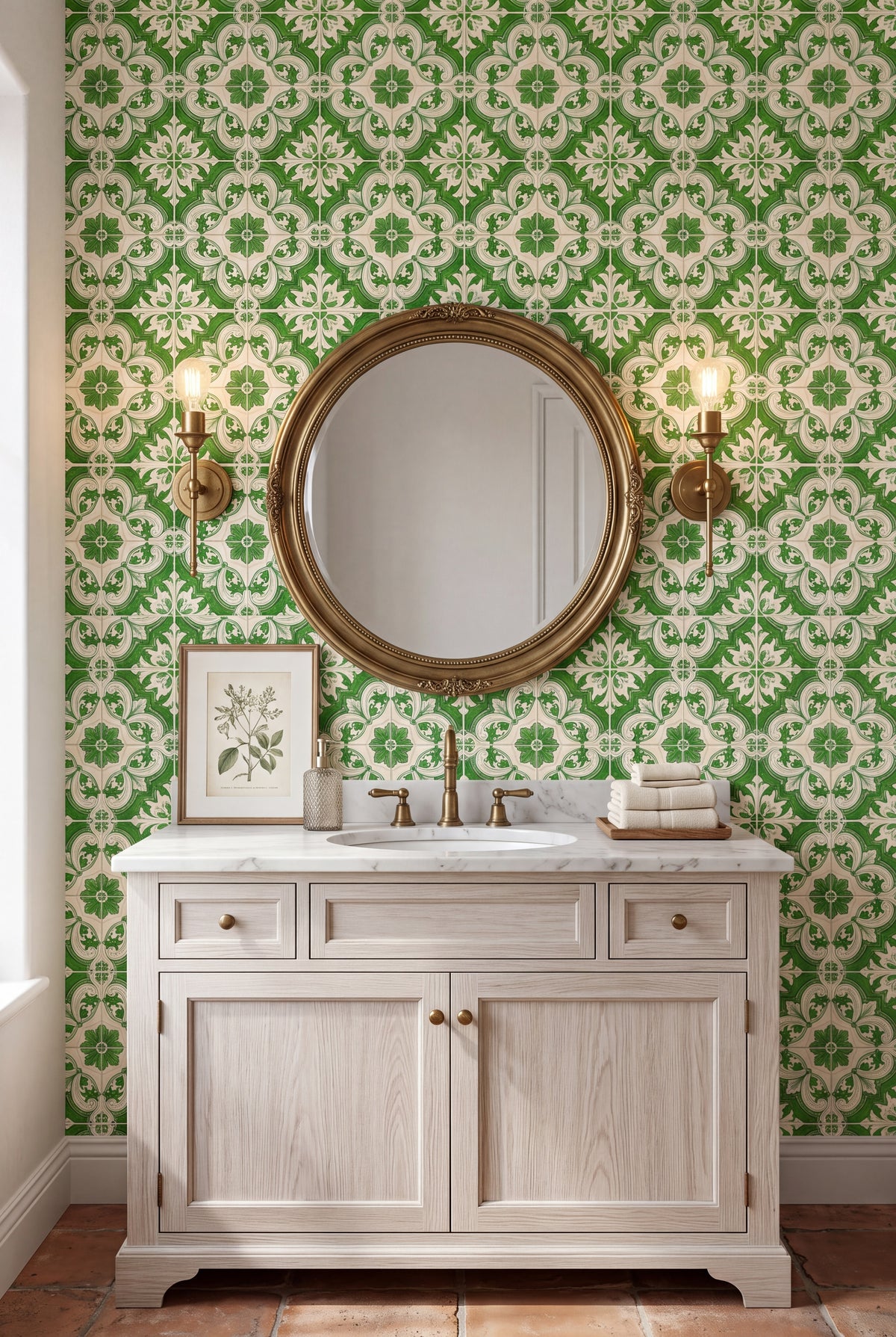 Porto Green wallpaper shown in a powder room