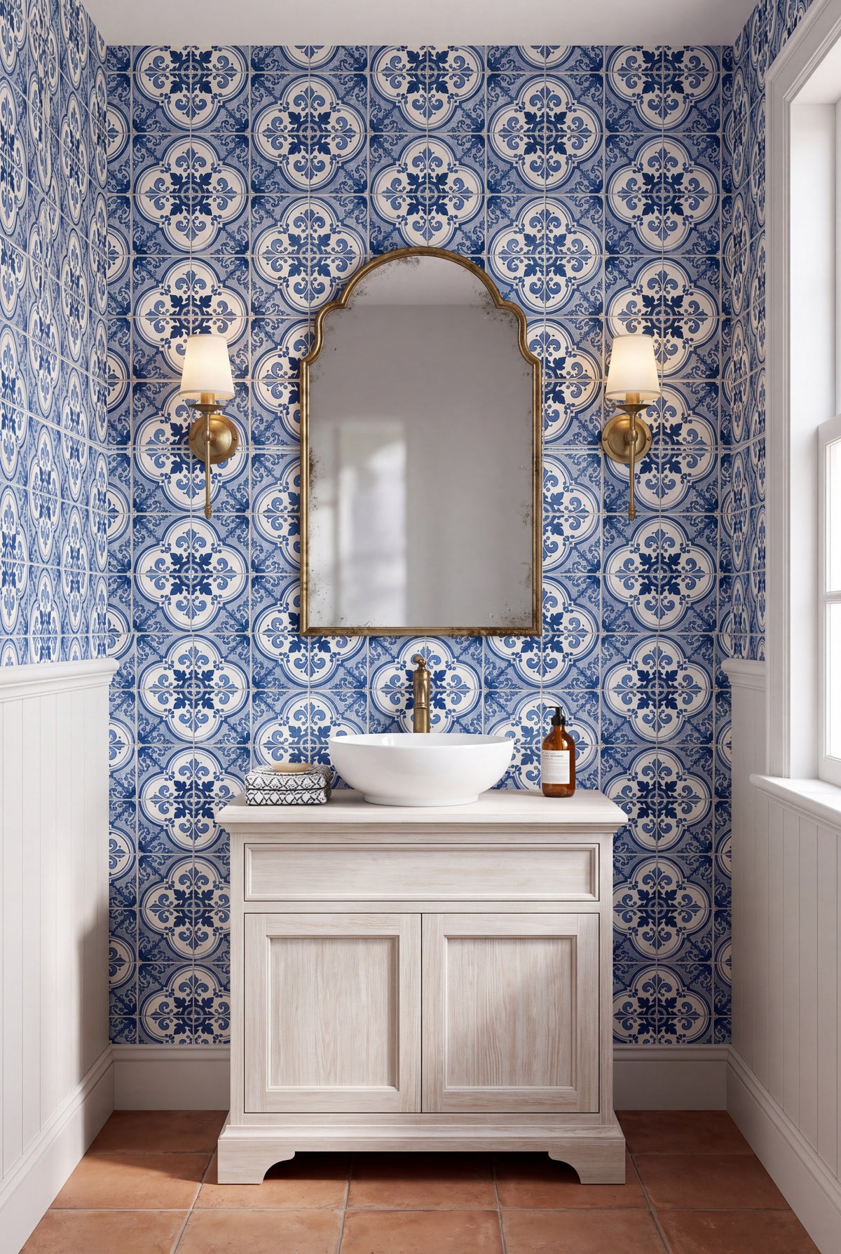 Sintra Blue wallpaper shown in a powder room