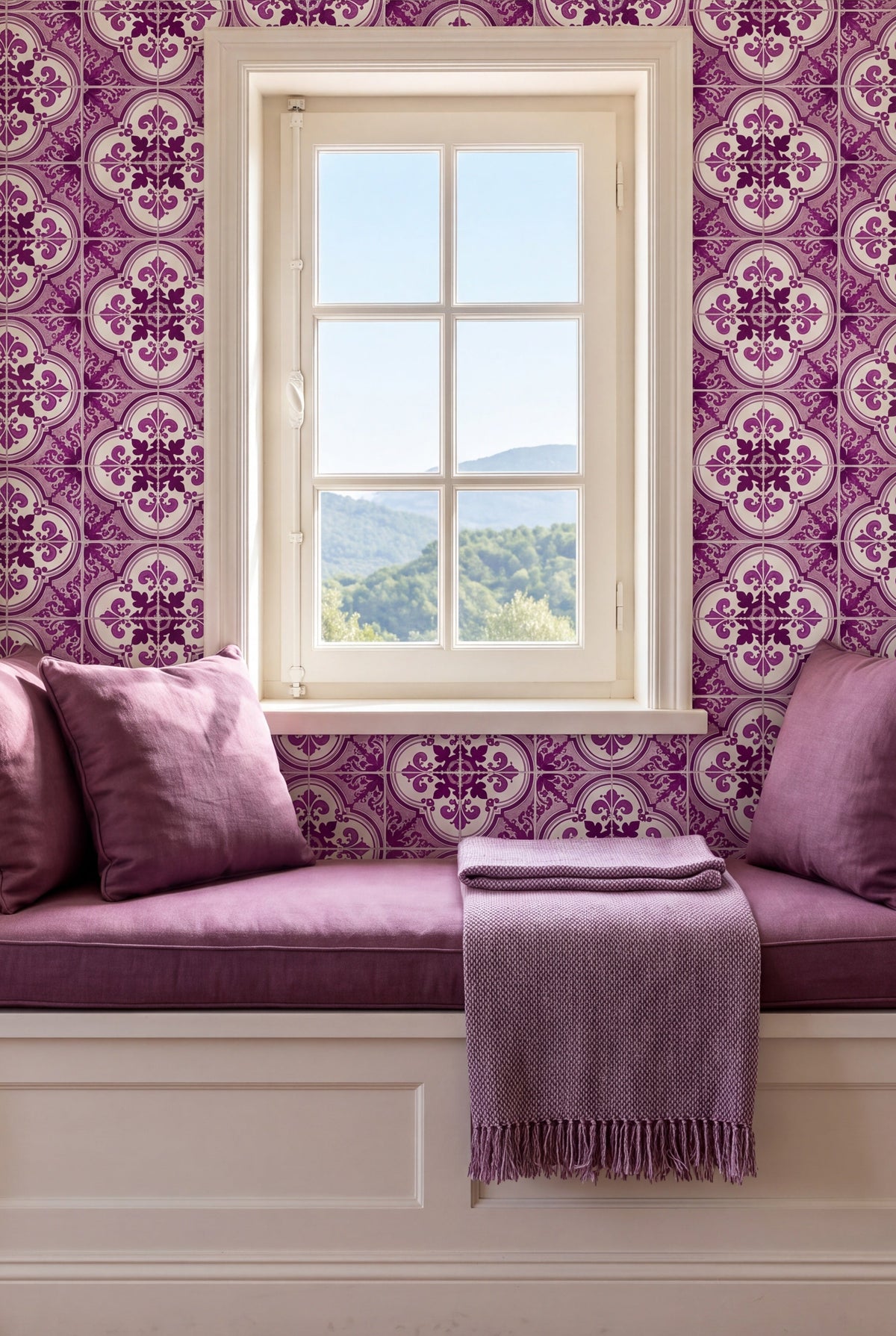 Sintra Plum wallpaper shown in a window seat alcove