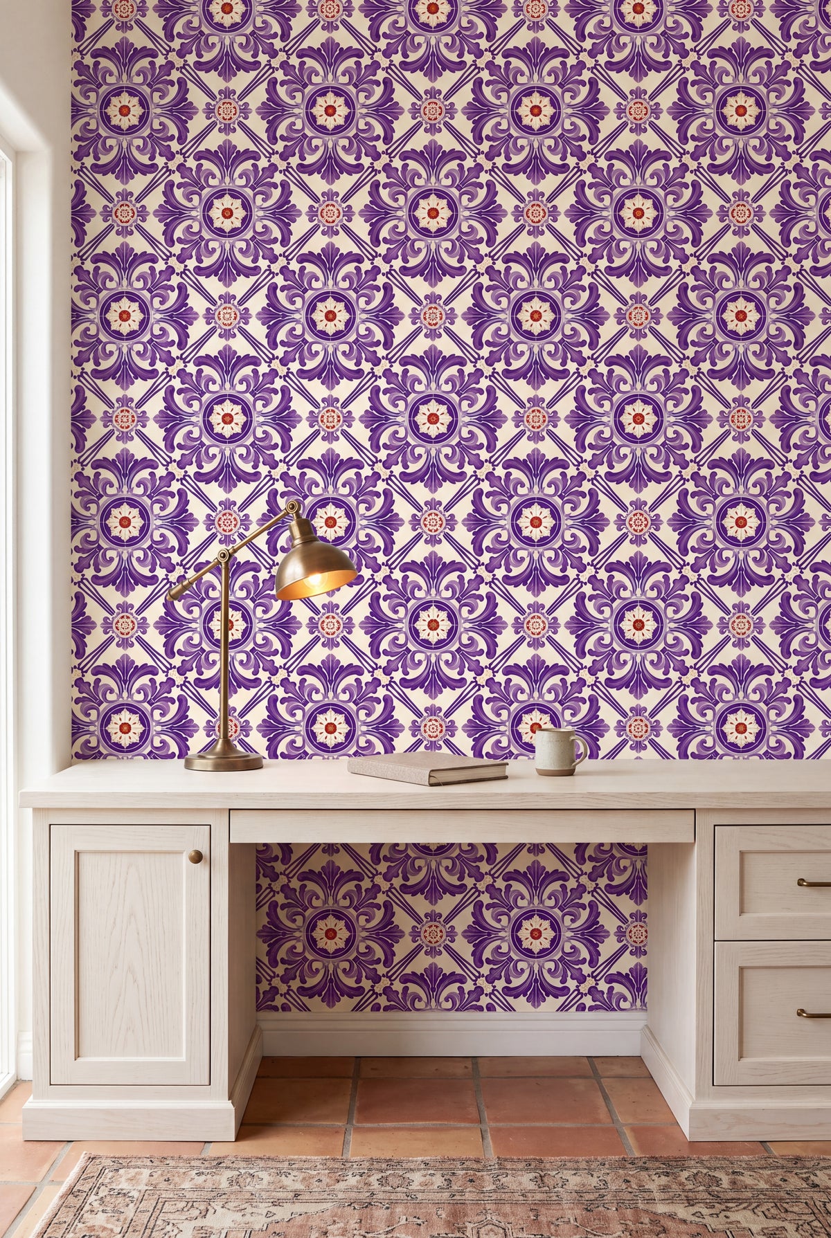 Coimbra Violet wallpaper shown in a home office