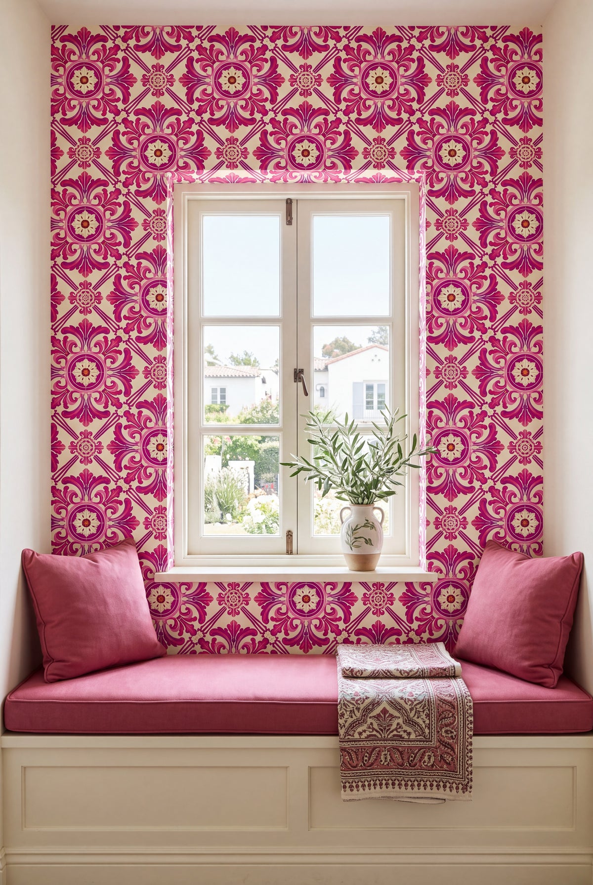 Coimbra Rose wallpaper shown in a window seat alcove