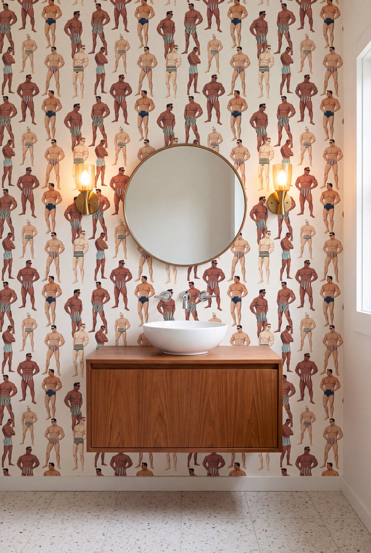 Riviera Club wallpaper shown in a powder room