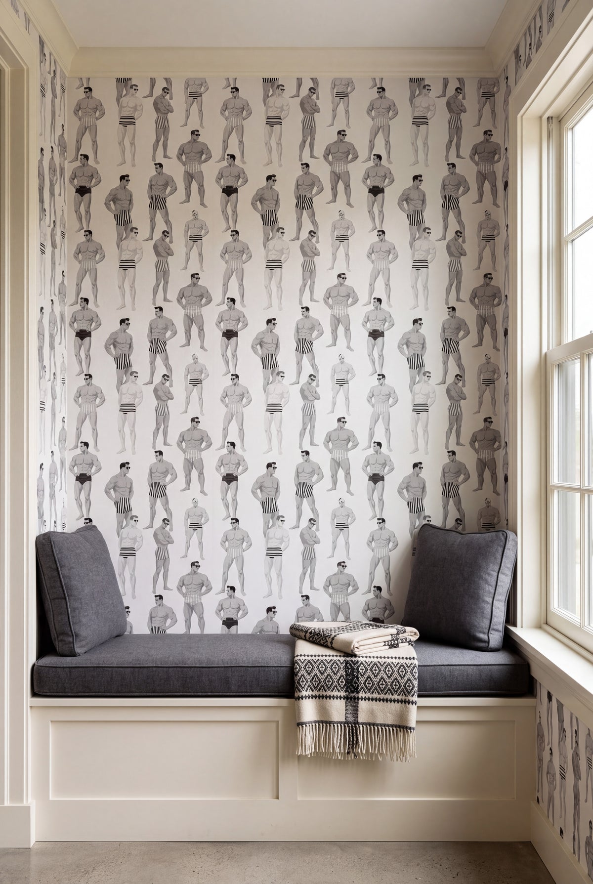 Cabana Noir wallpaper shown in a window seat alcove