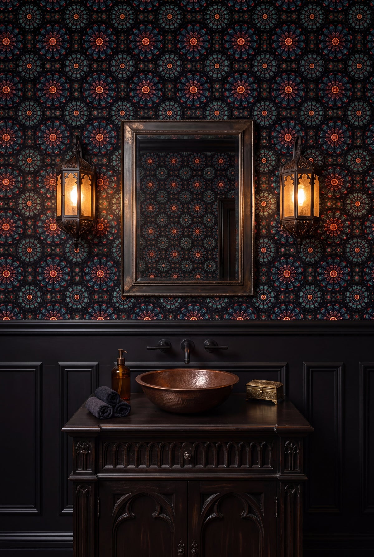 Vesper Rosette wallpaper shown in a powder room