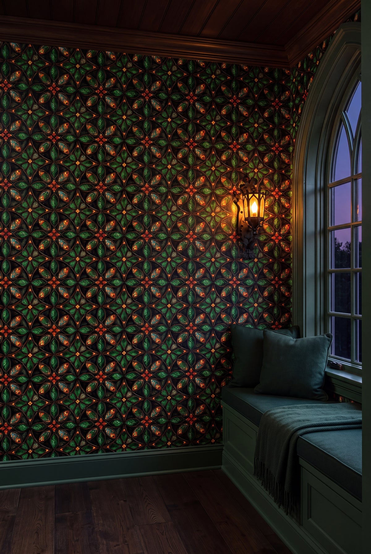 Forest Quatrefoil wallpaper shown in a window seat alcove