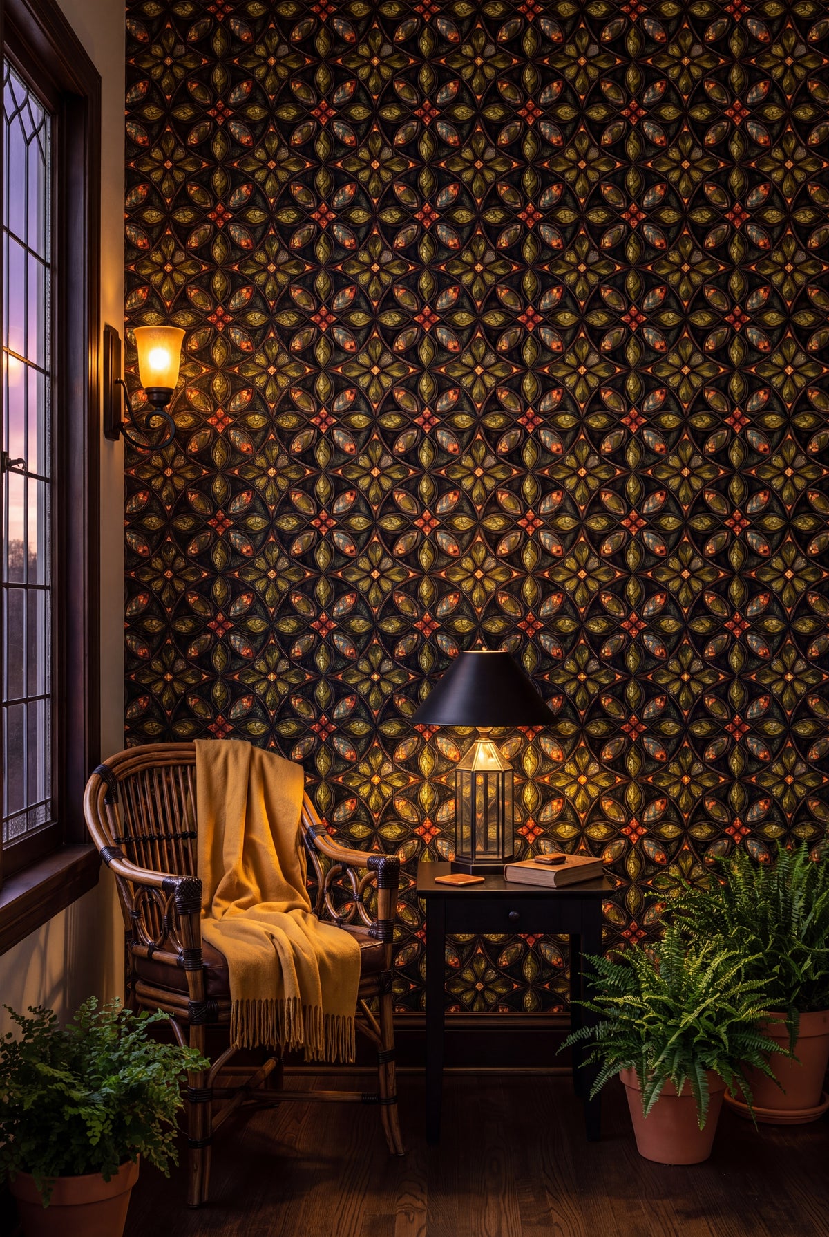 Topaz Quatrefoil wallpaper shown in a sunroom