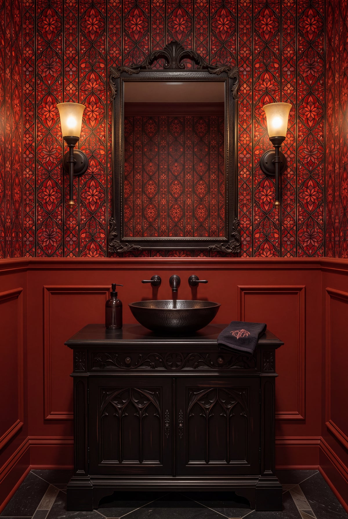 Cathedral Flame wallpaper shown in a powder room