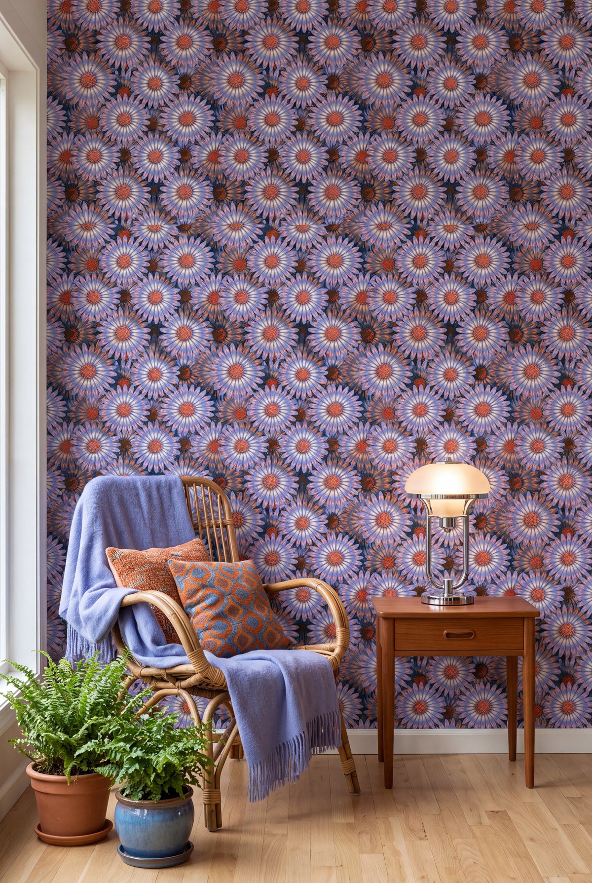 Periwinkle Daisy wallpaper shown in a sunroom