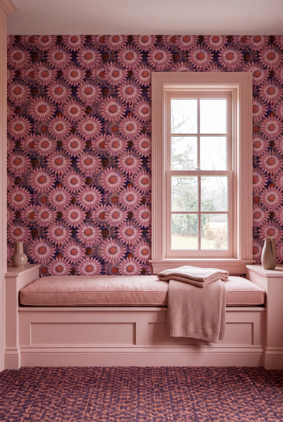 Blush Daisy wallpaper shown in a window seat alcove