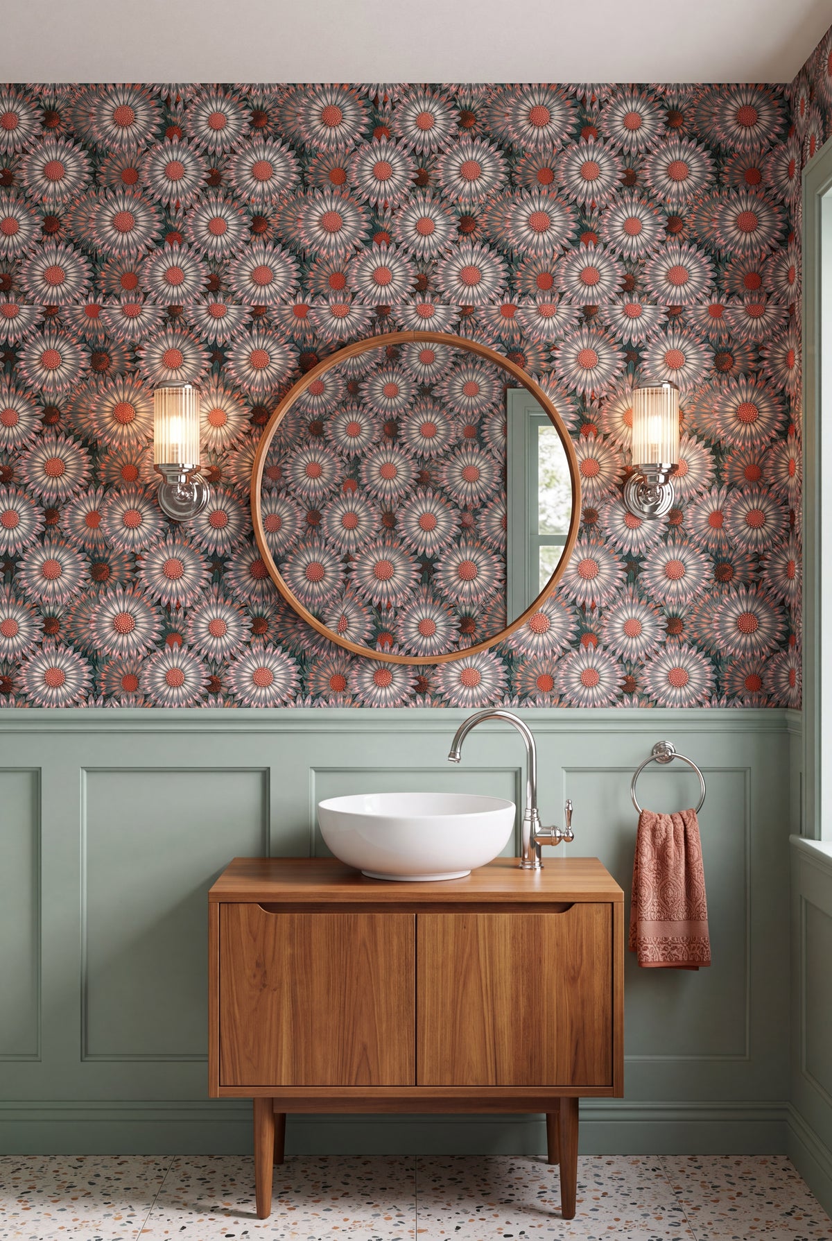 Sage Daisy wallpaper shown in a powder room