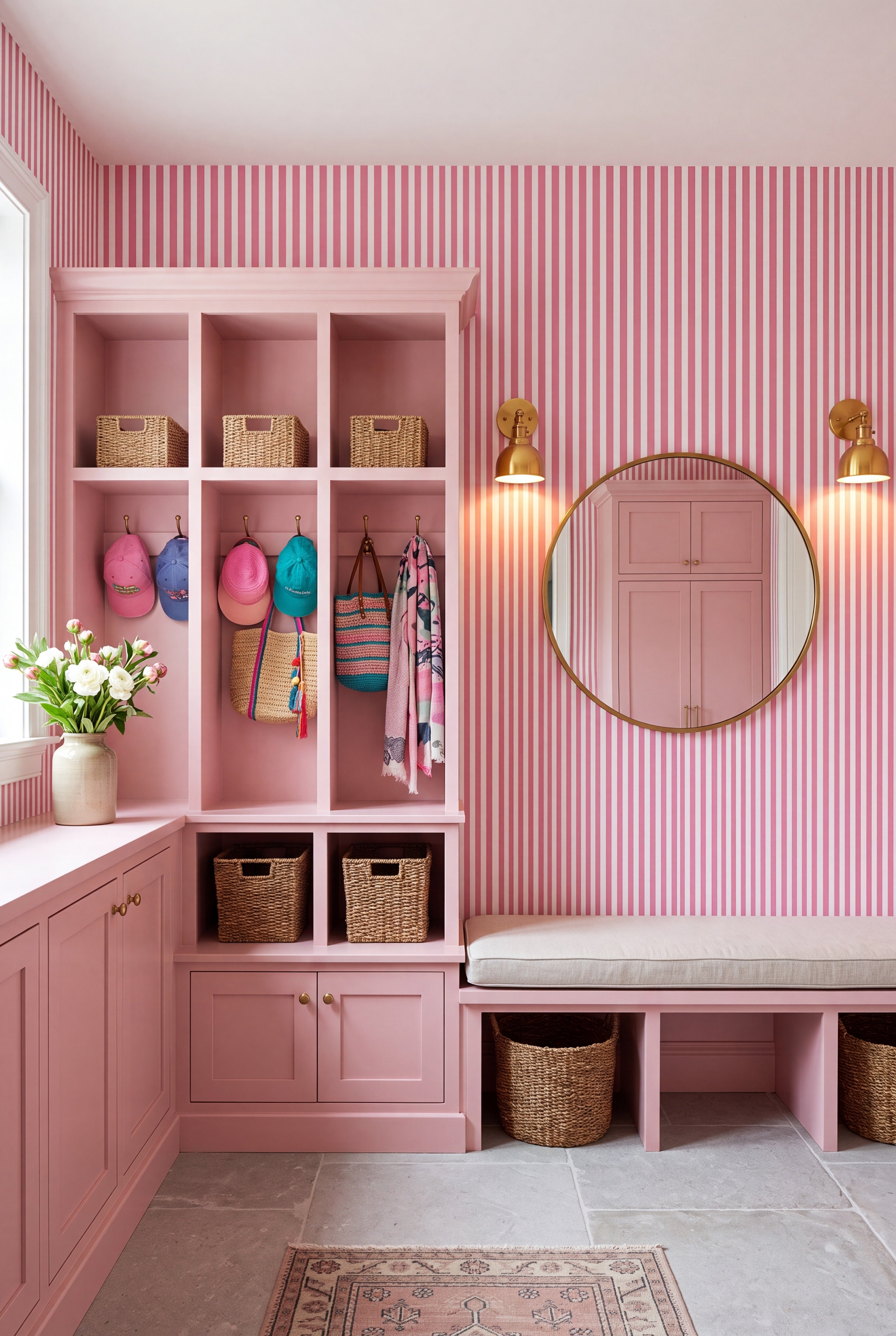 Soda Fountain wallpaper shown in a mudroom