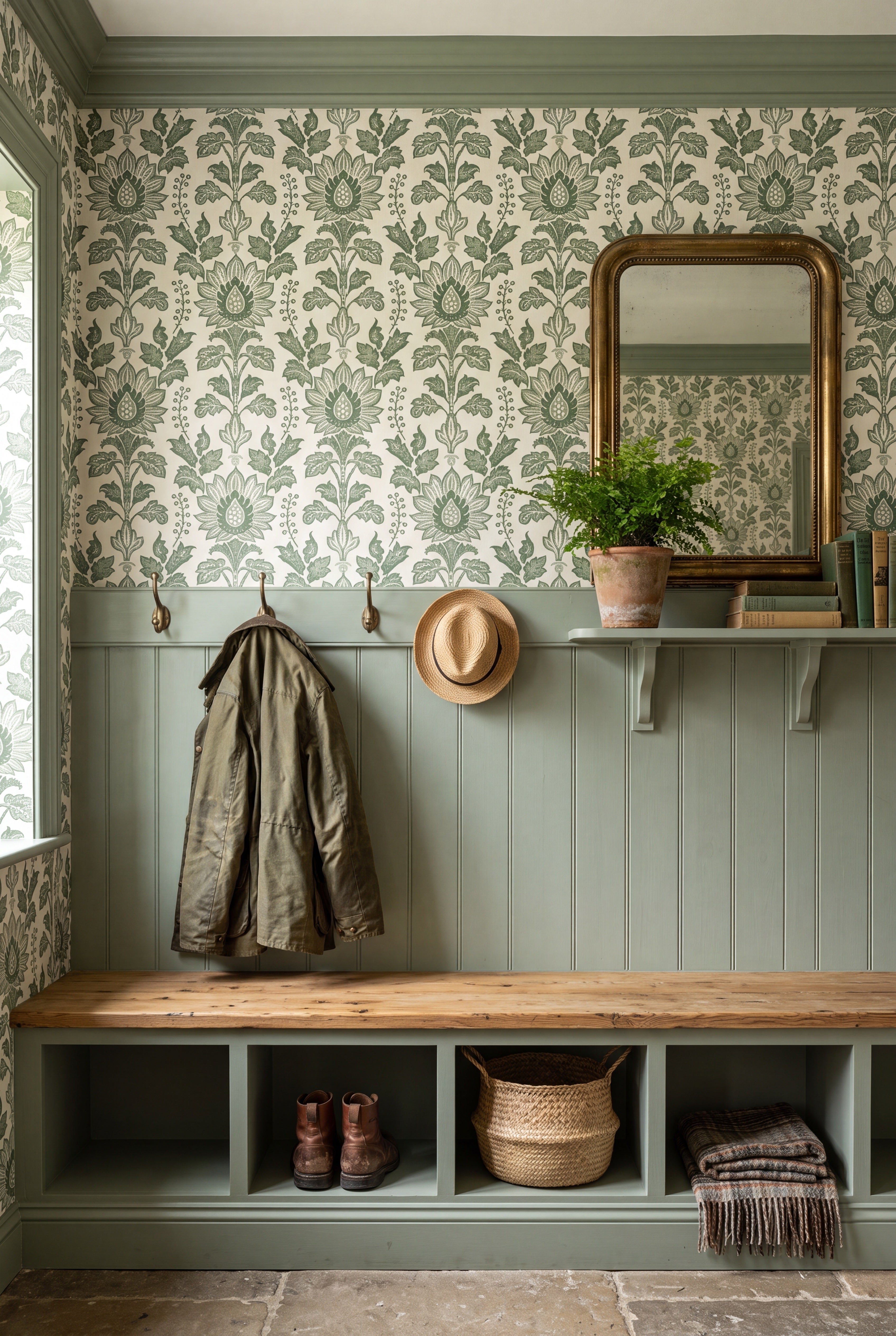 Cotswold wallpaper shown in a mudroom