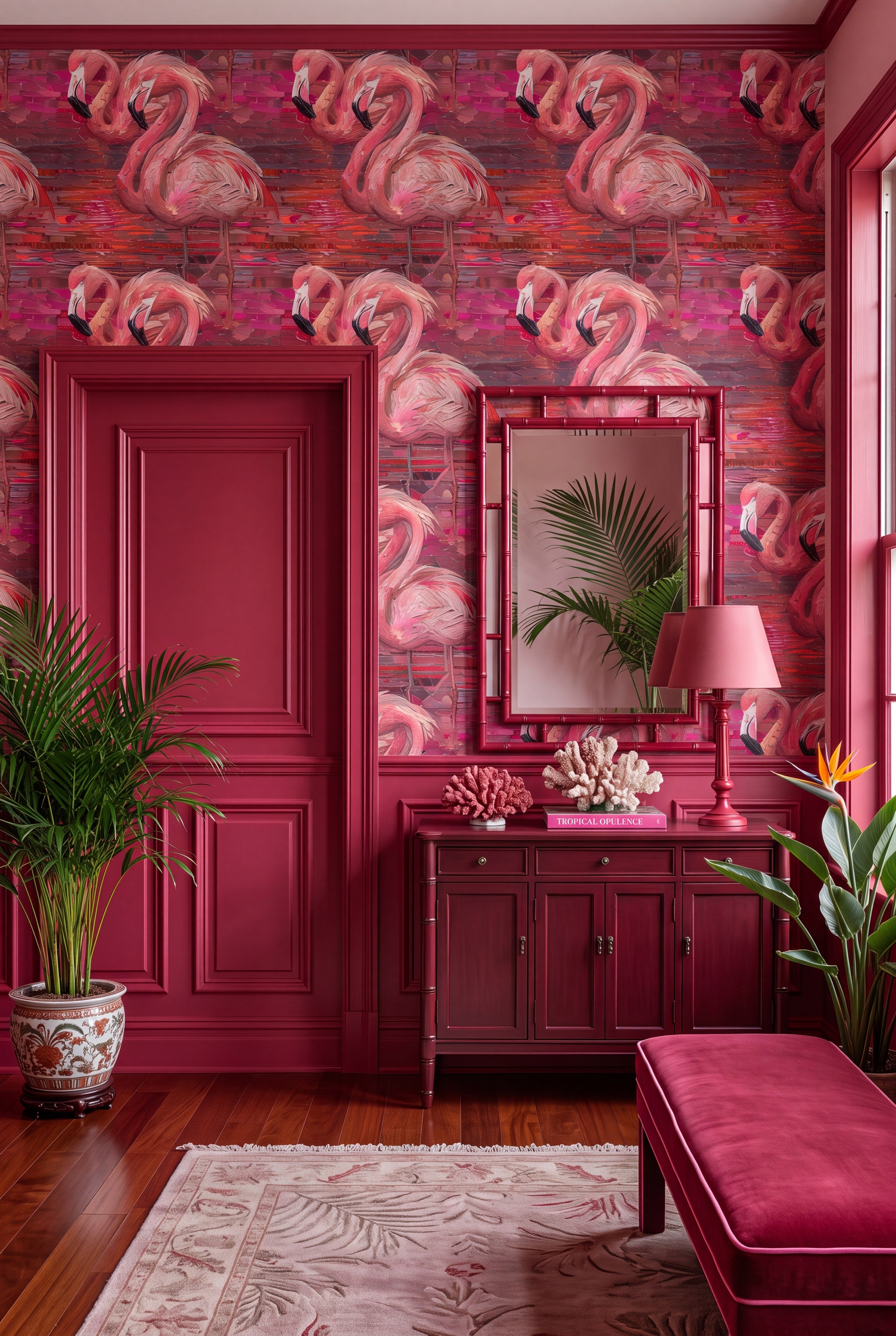 Flamingo Cabana wallpaper shown in an entryway