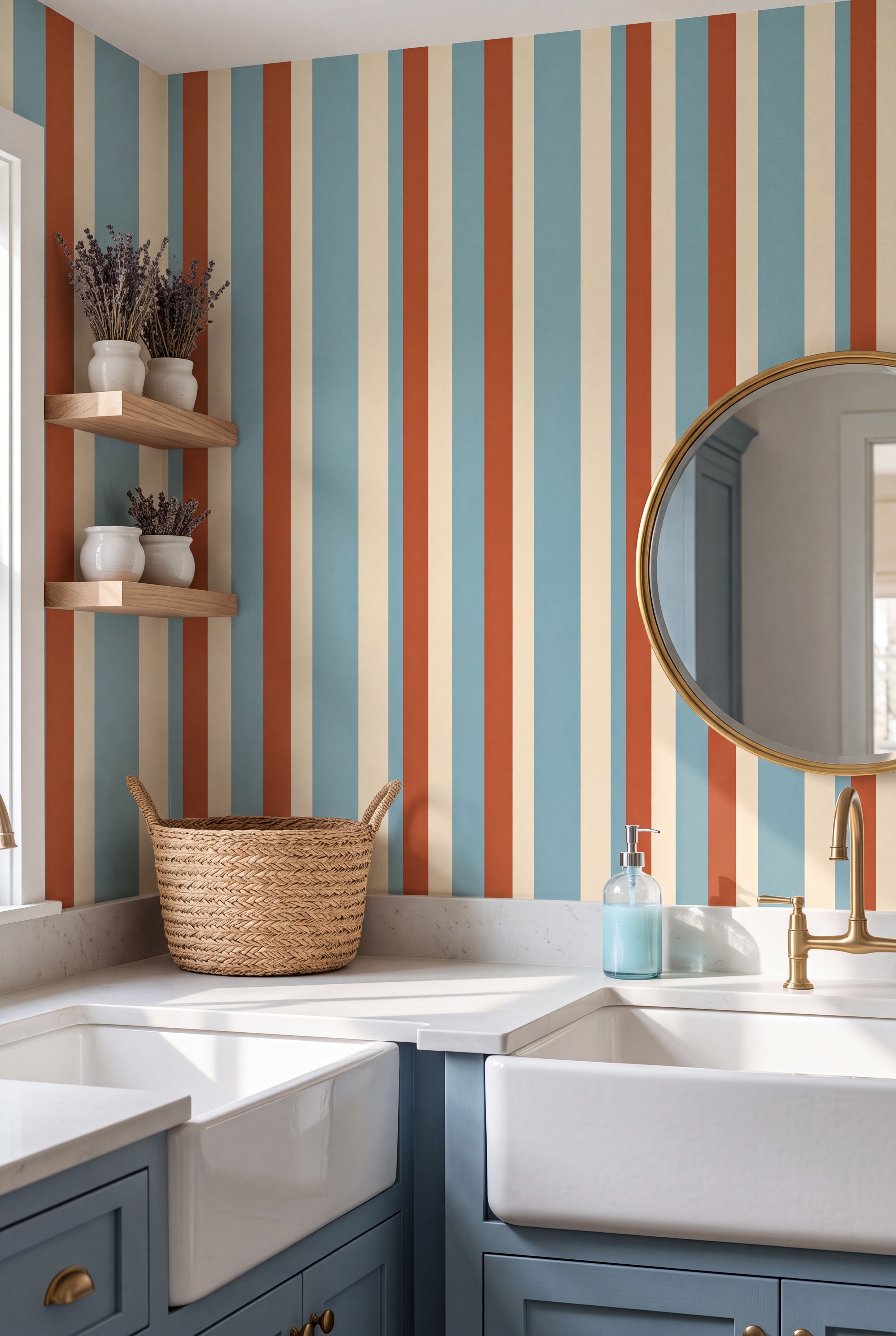 Carousel Stripe wallpaper shown in a laundry room