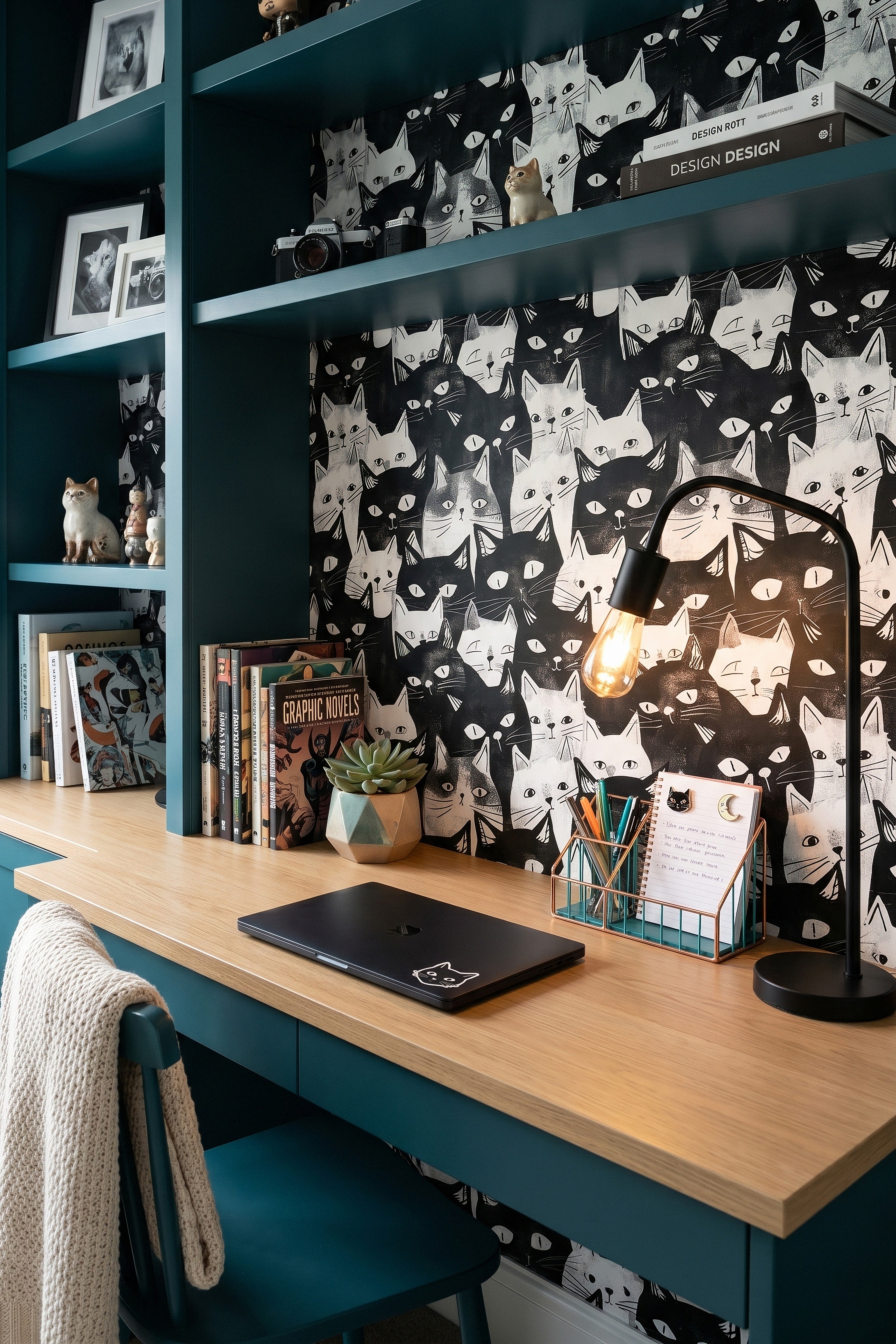 Cat's Meow wallpaper shown in a home office