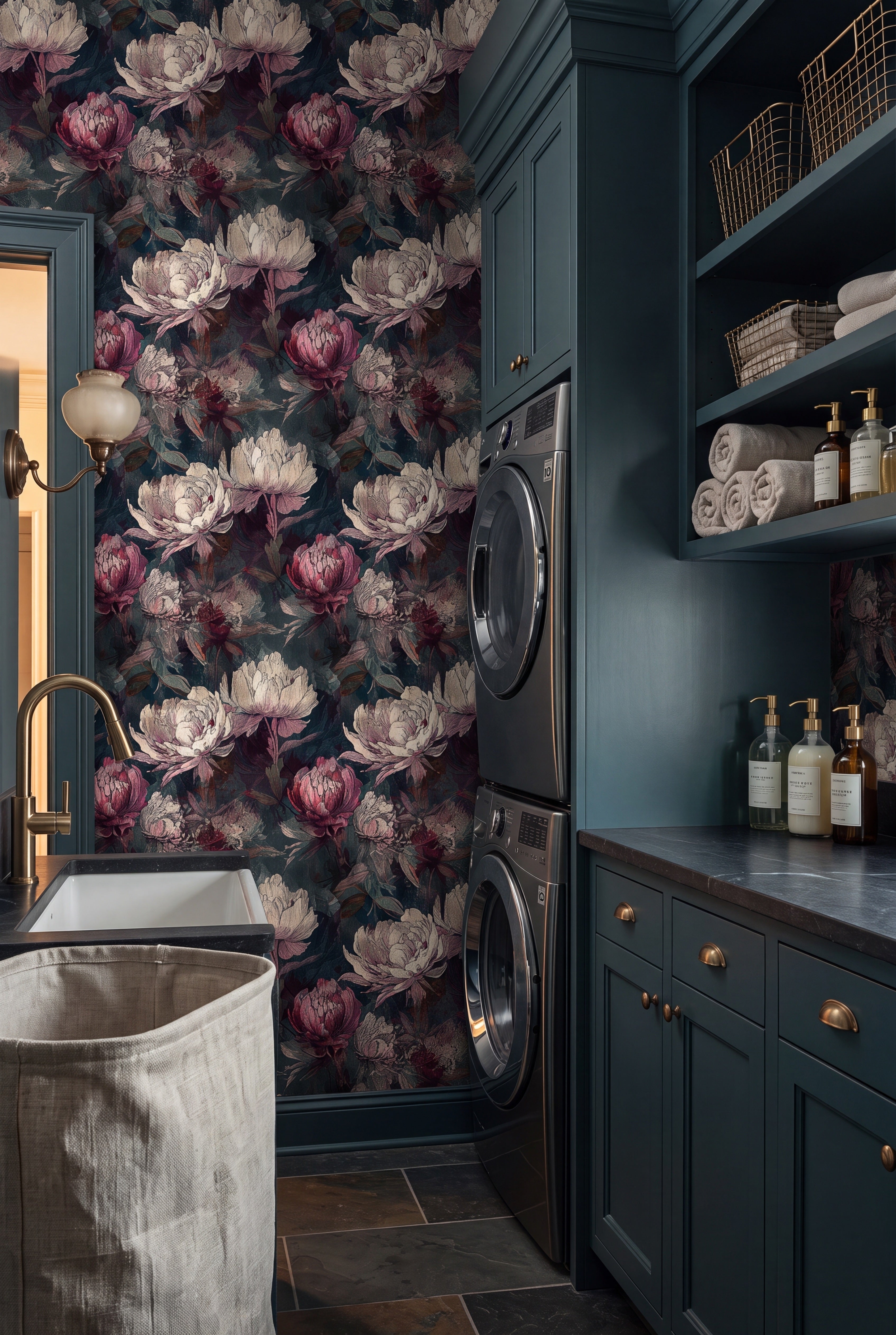 Gothic Romance wallpaper shown in a laundry room