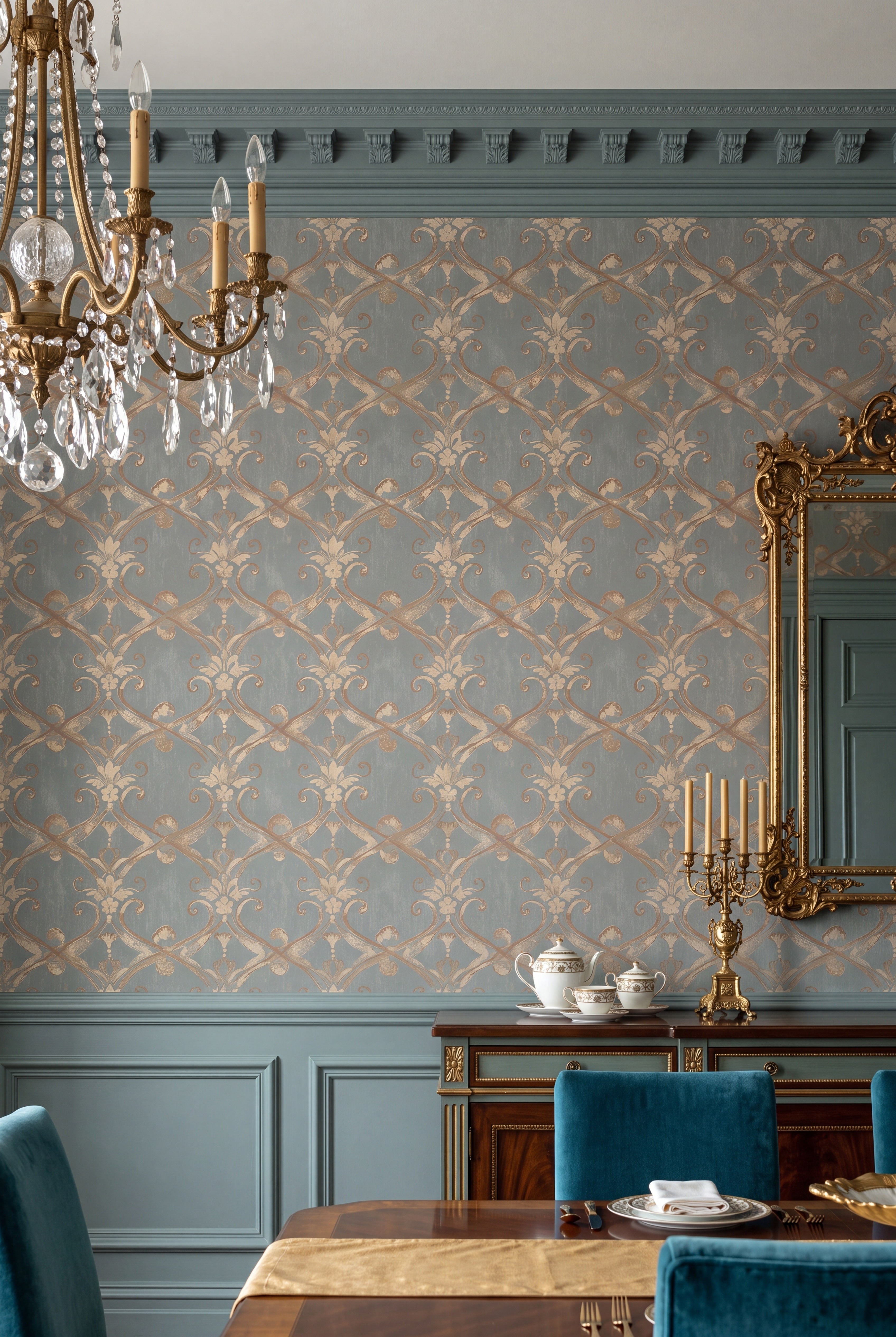 Grey Gables wallpaper shown in a dining room