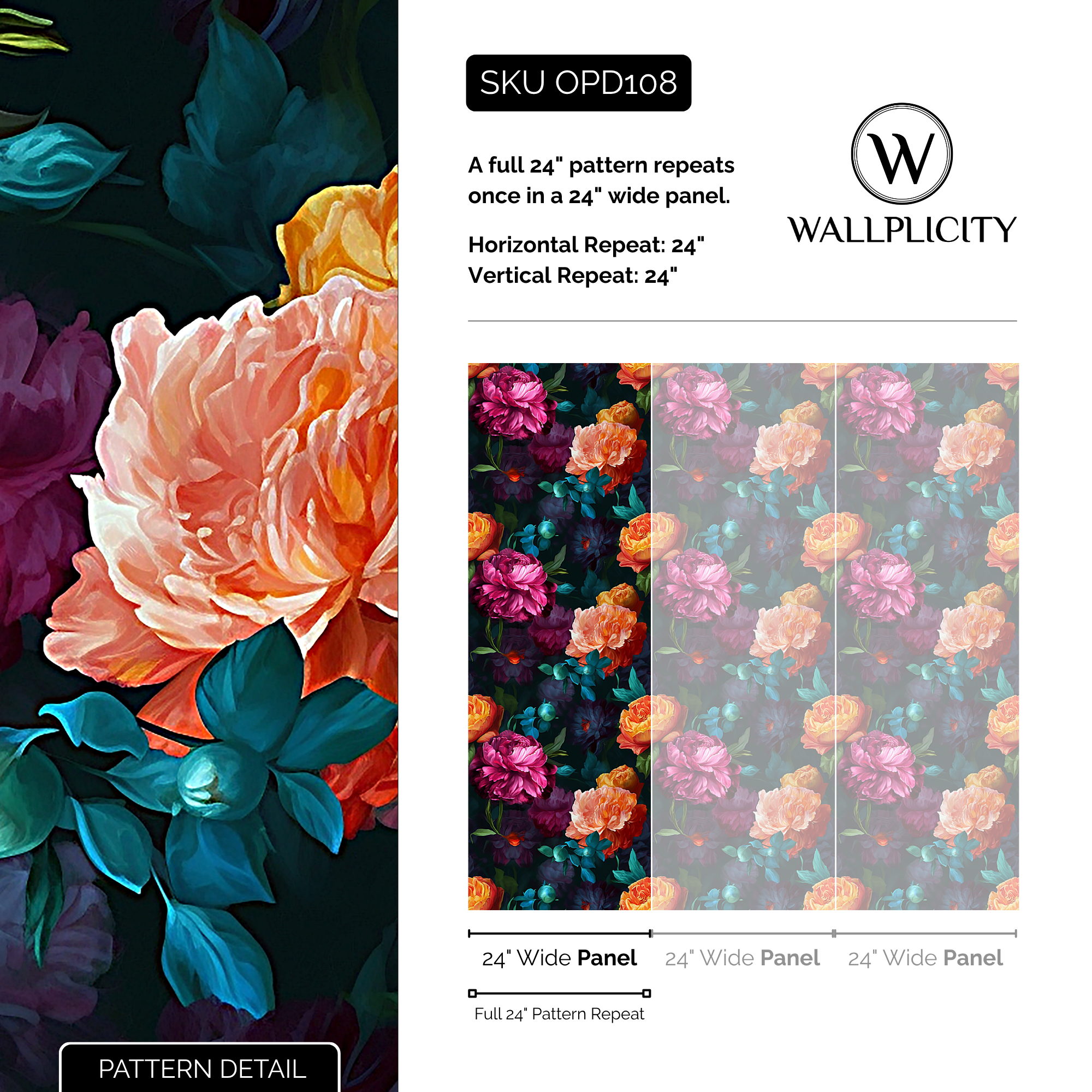 Dusk Peony wallpaper pattern detail and repeat size