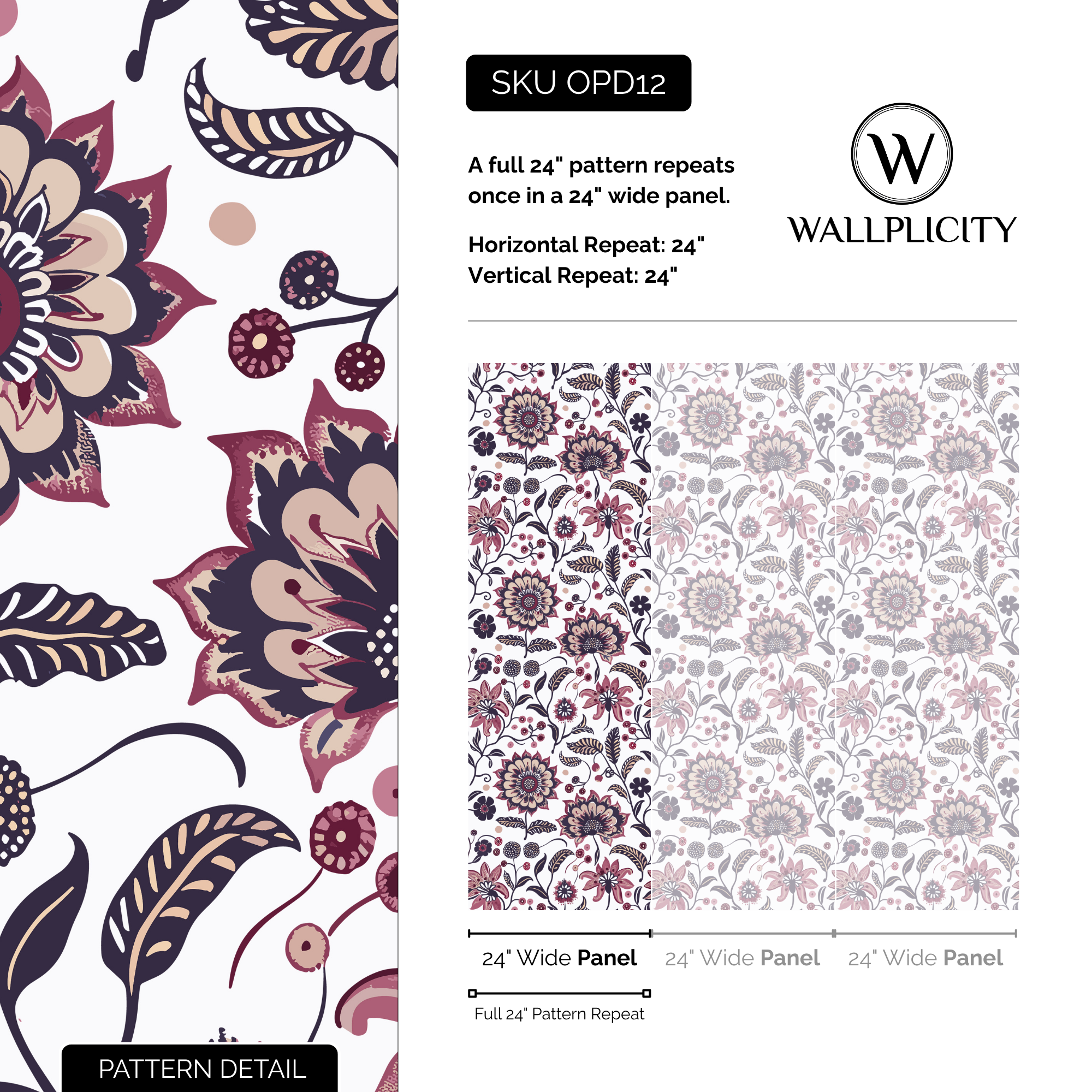 Plum Folklore wallpaper pattern detail and repeat size