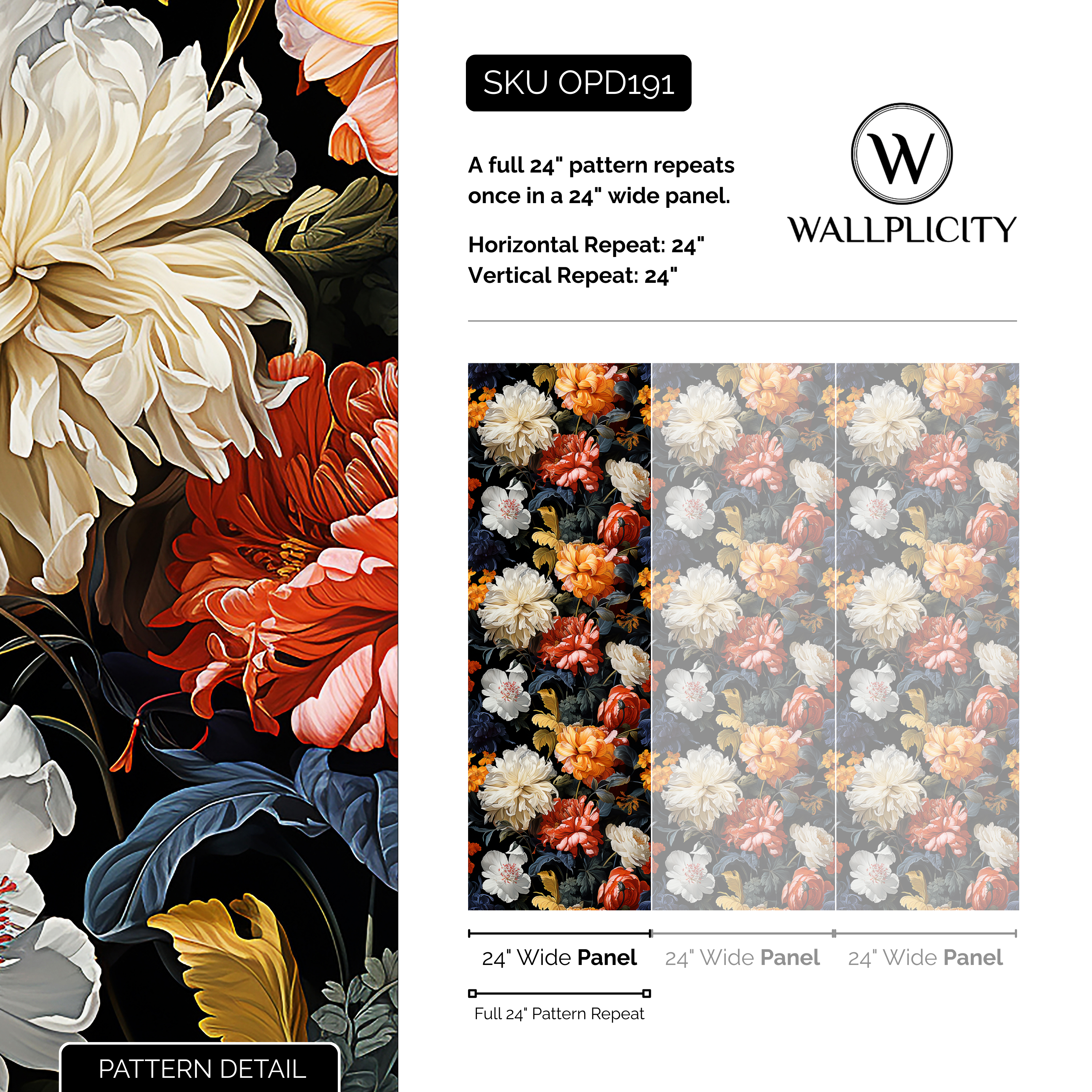 Night Flower wallpaper pattern detail and repeat size