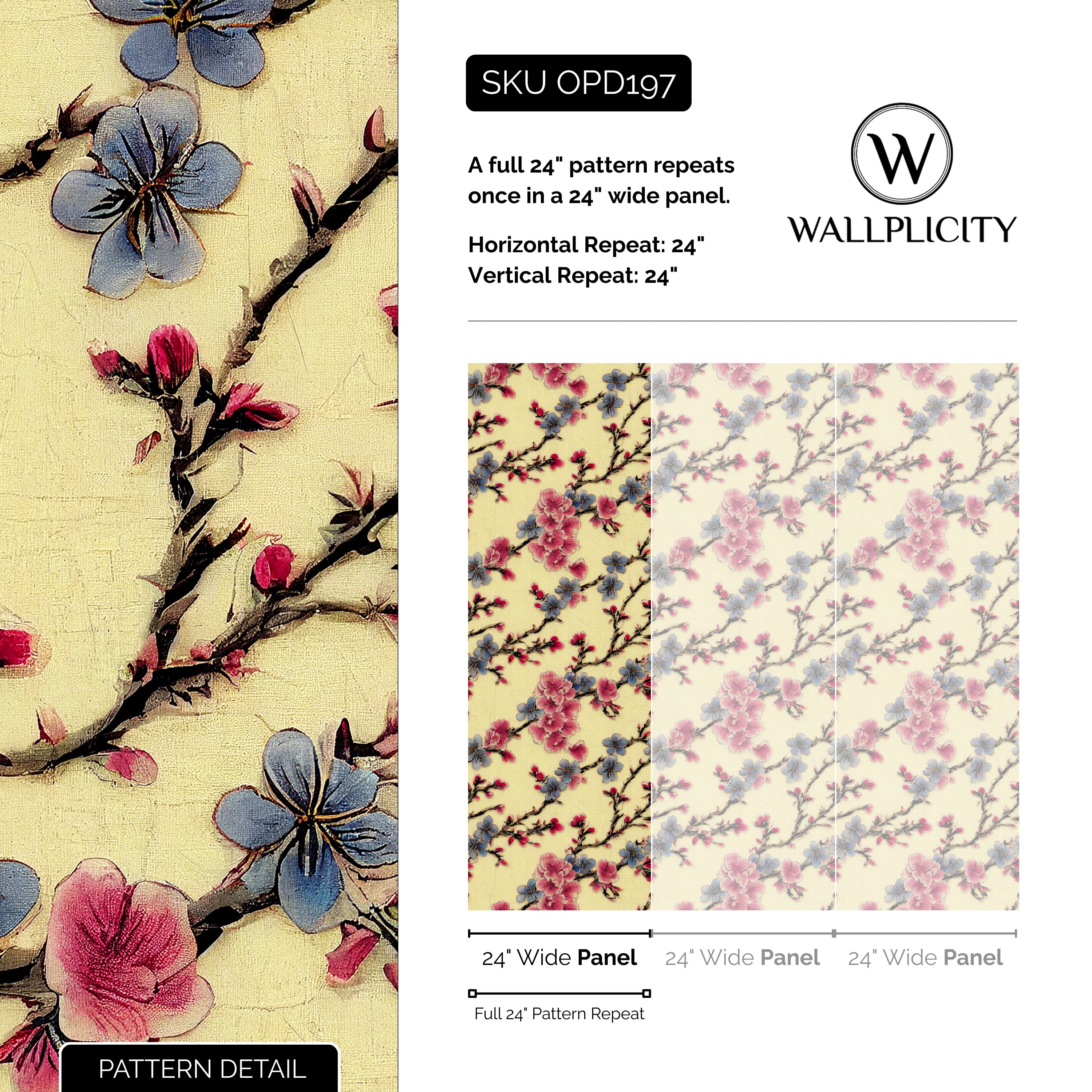 Blossom Pavilion wallpaper pattern detail and repeat size