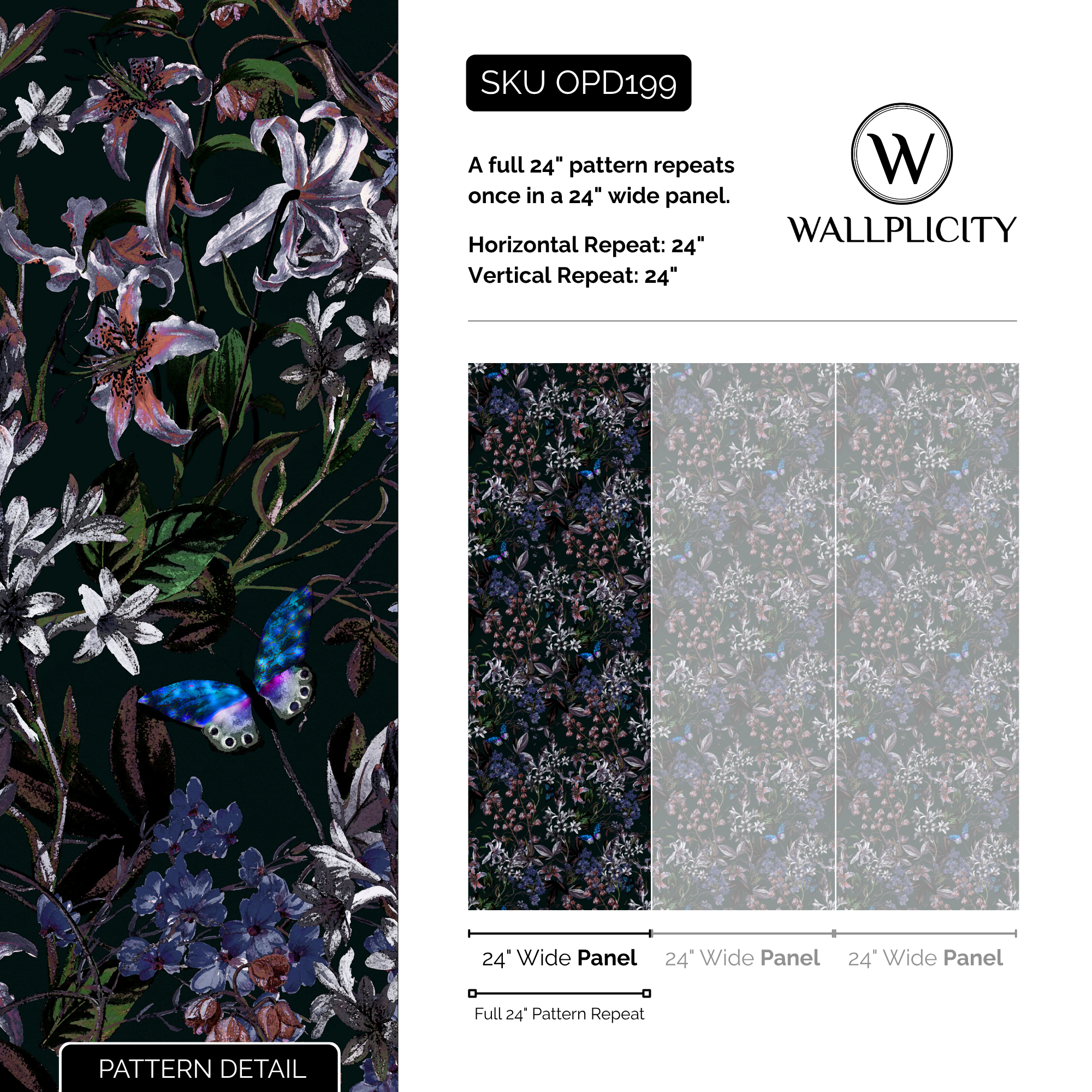 Midnight Flutter wallpaper pattern detail and repeat size