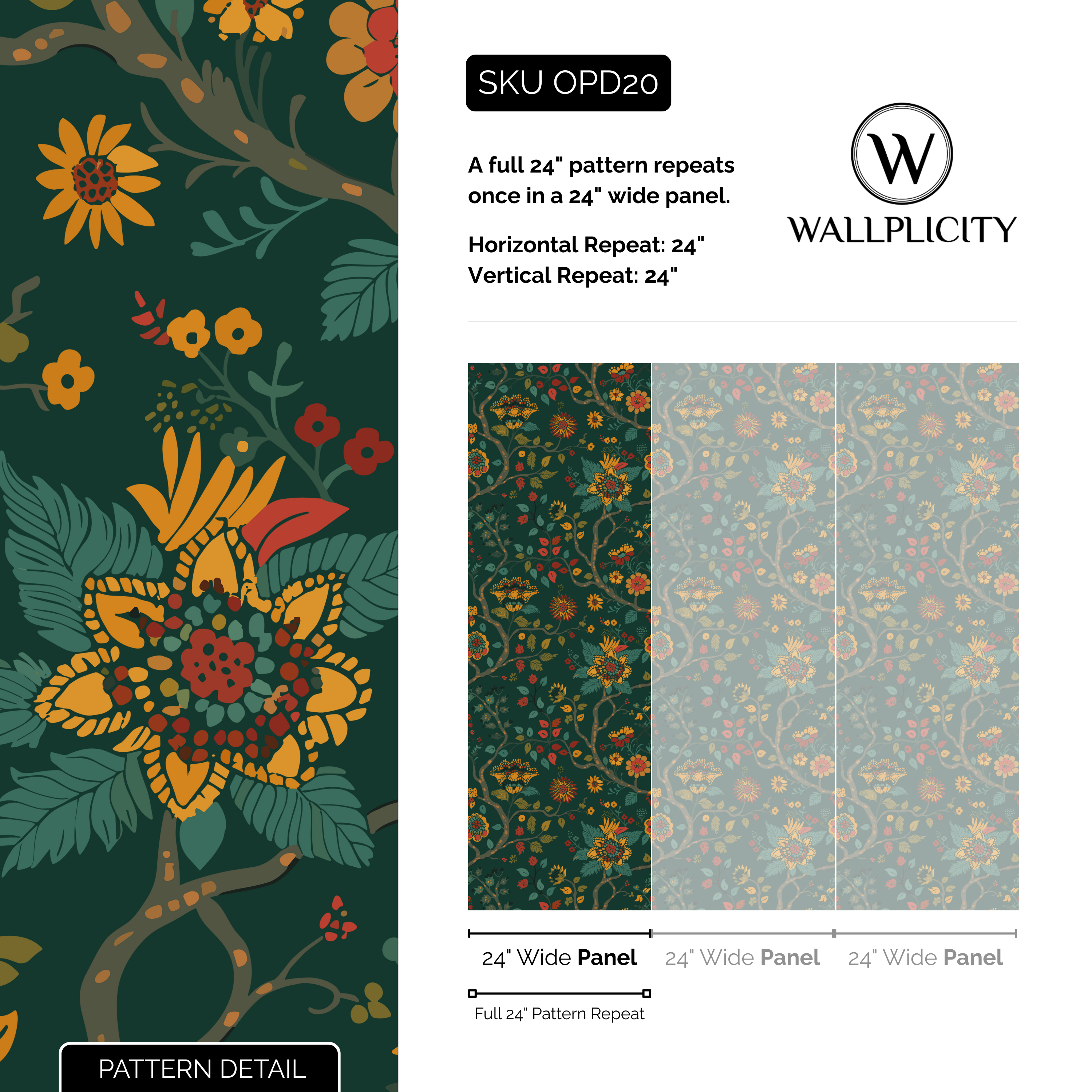 Evergreen Folk wallpaper pattern detail and repeat size