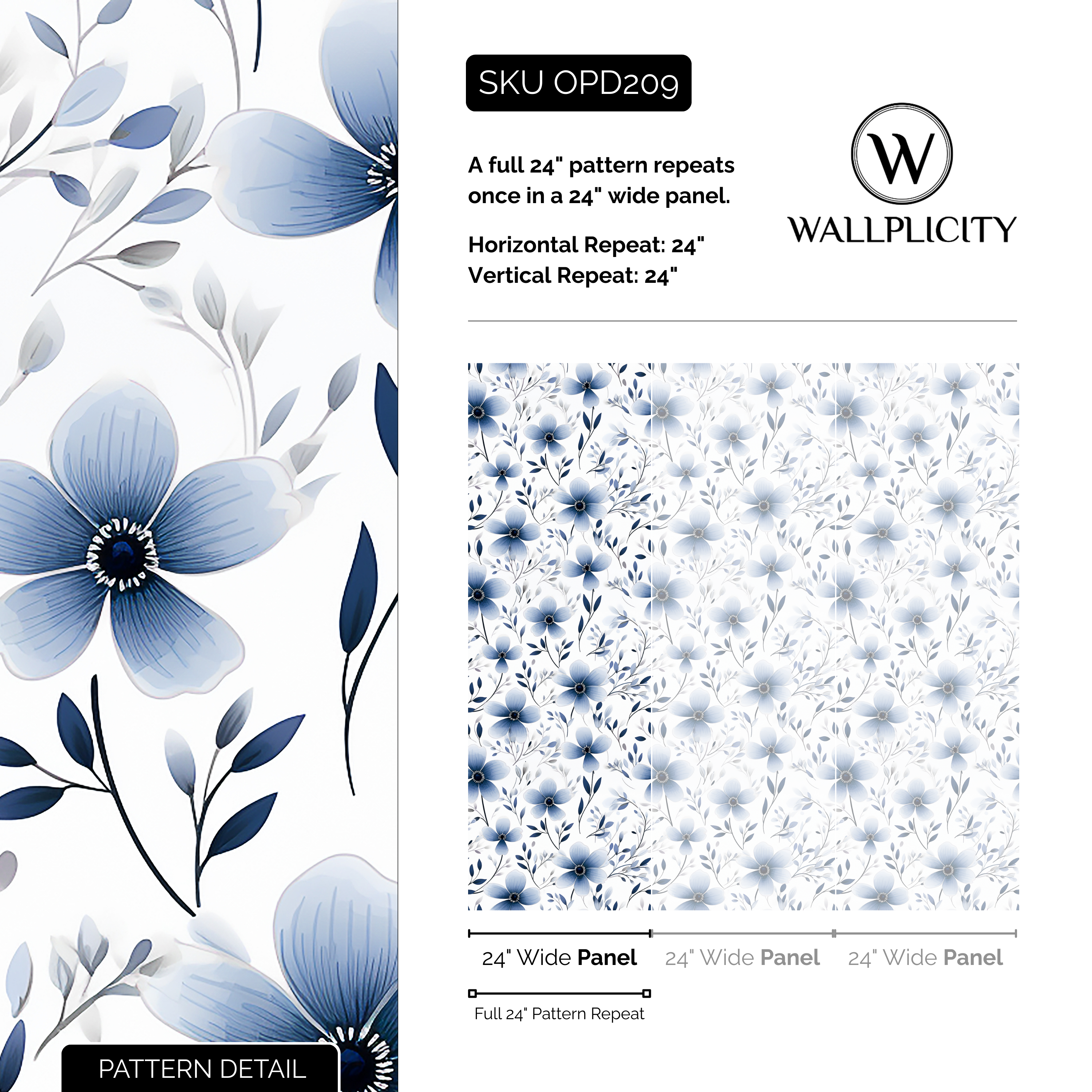 Indigo Bloom wallpaper pattern detail and repeat size