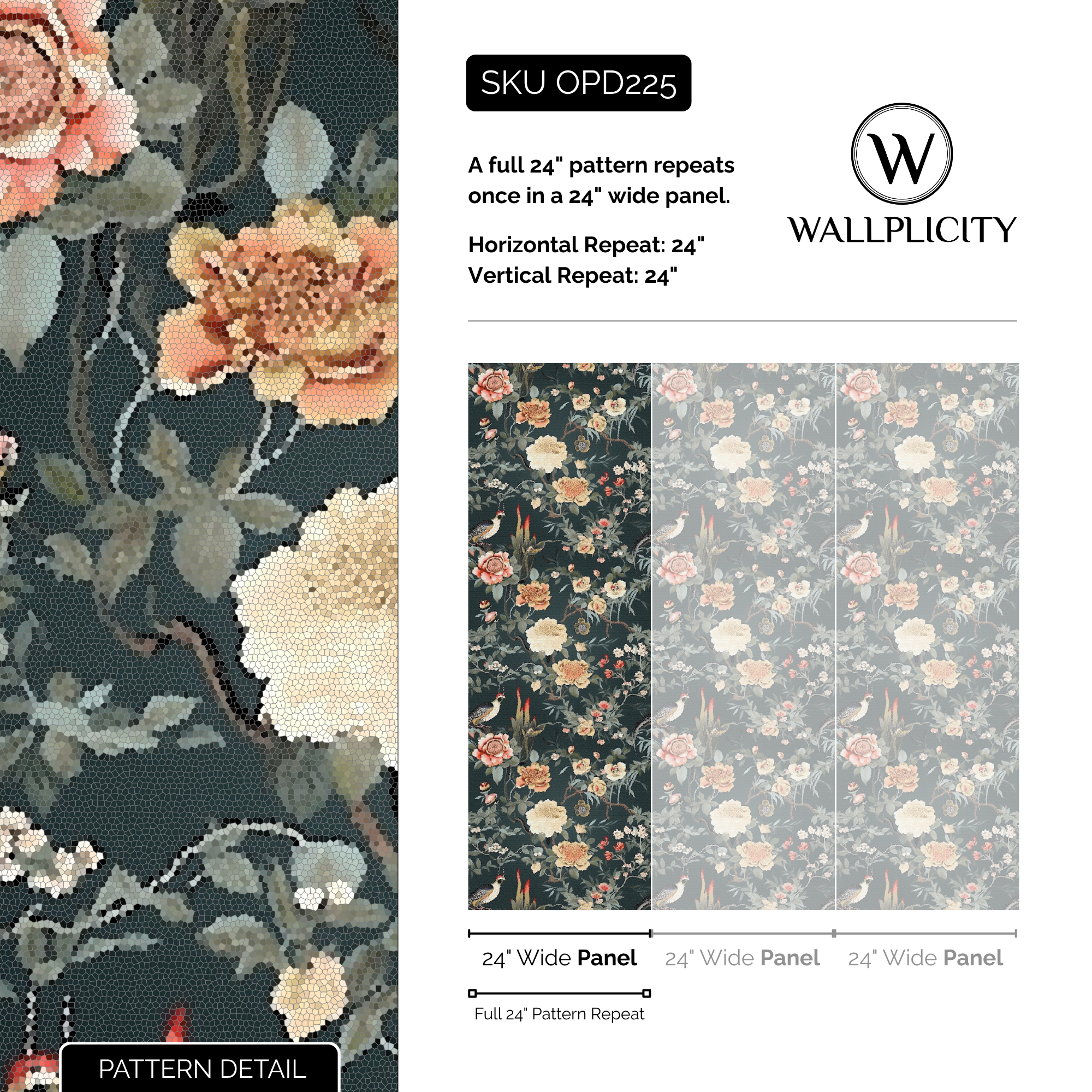 Teal Aviary wallpaper pattern detail and repeat size