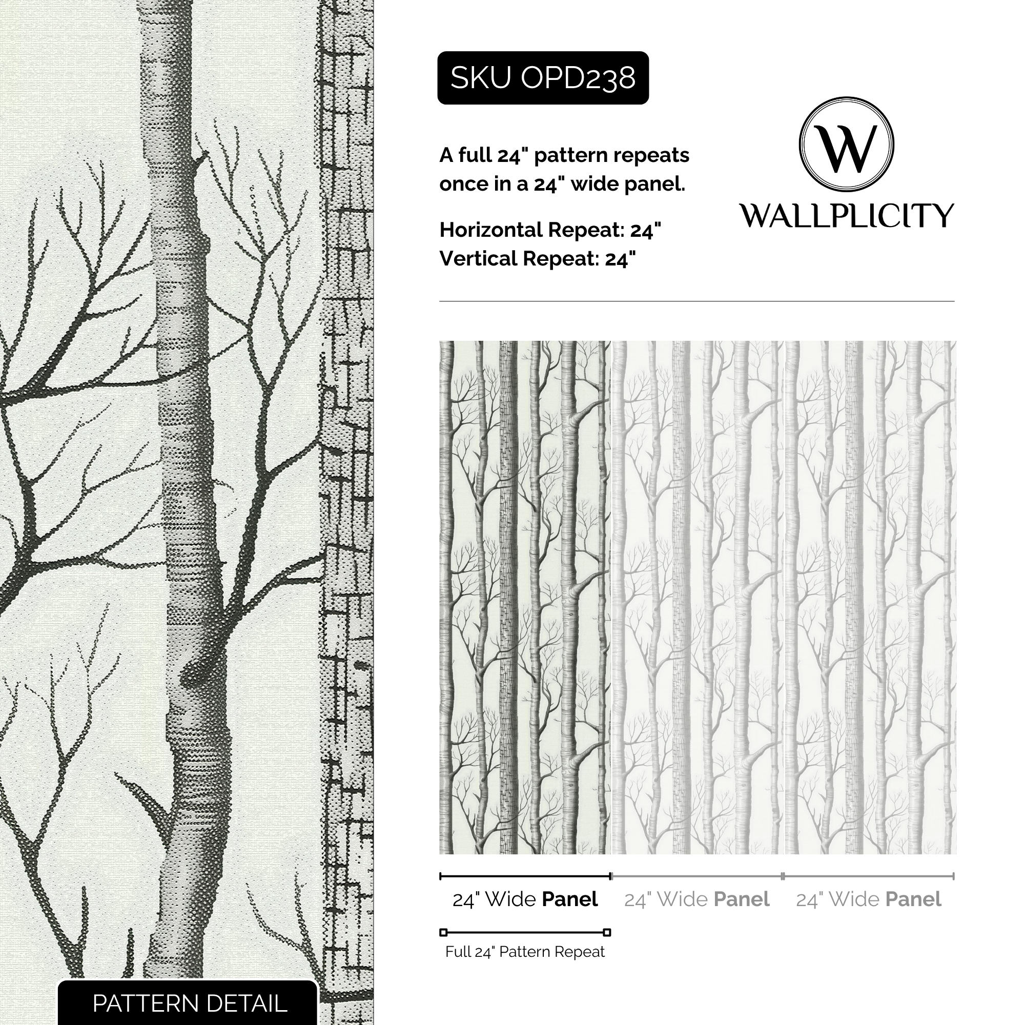 Birch Grove wallpaper pattern detail and repeat size