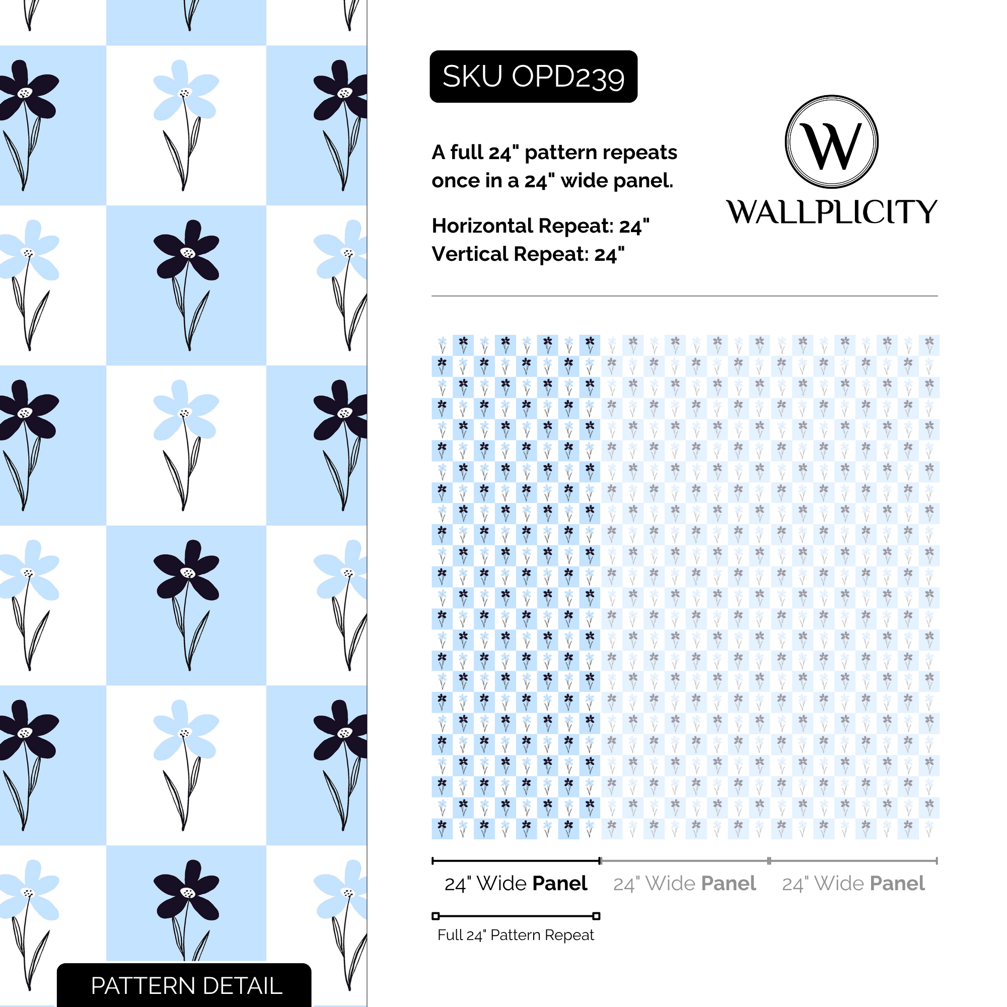 Picnic Daisy wallpaper pattern detail and repeat size