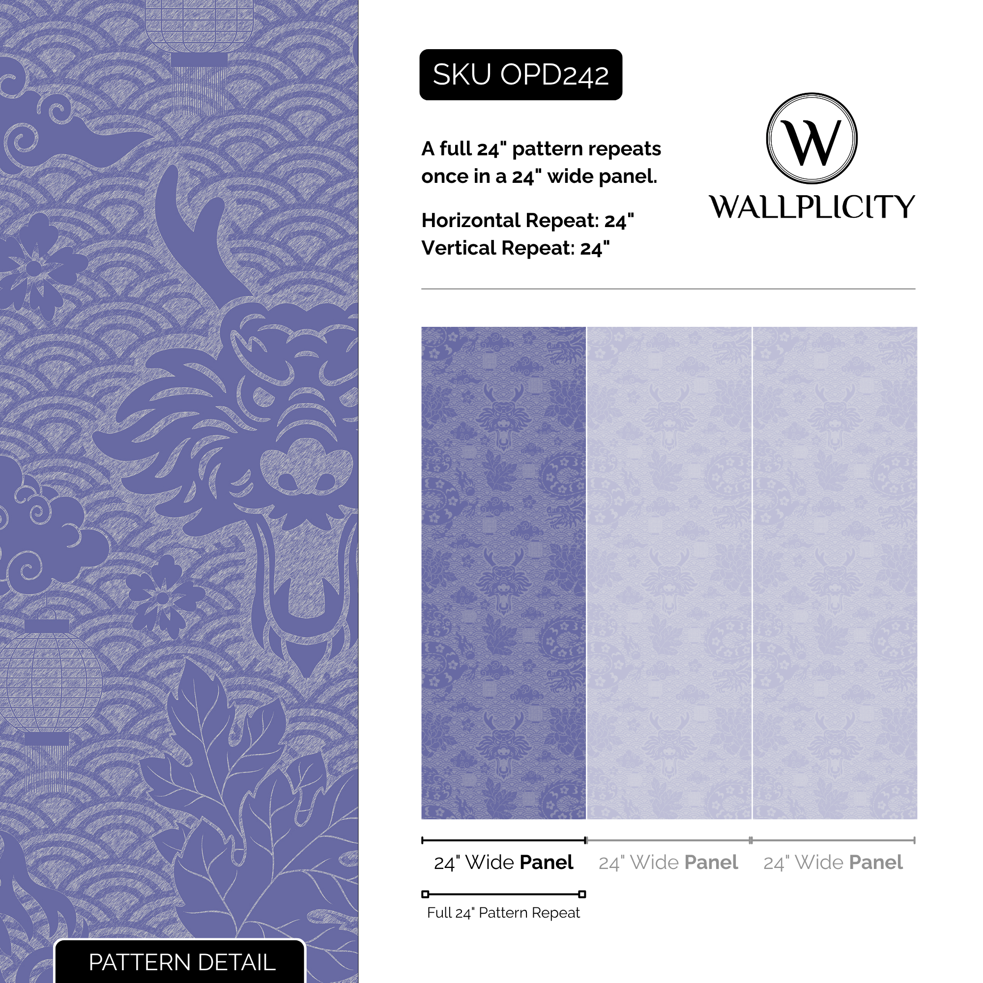 Violet Dragon wallpaper pattern detail and repeat size