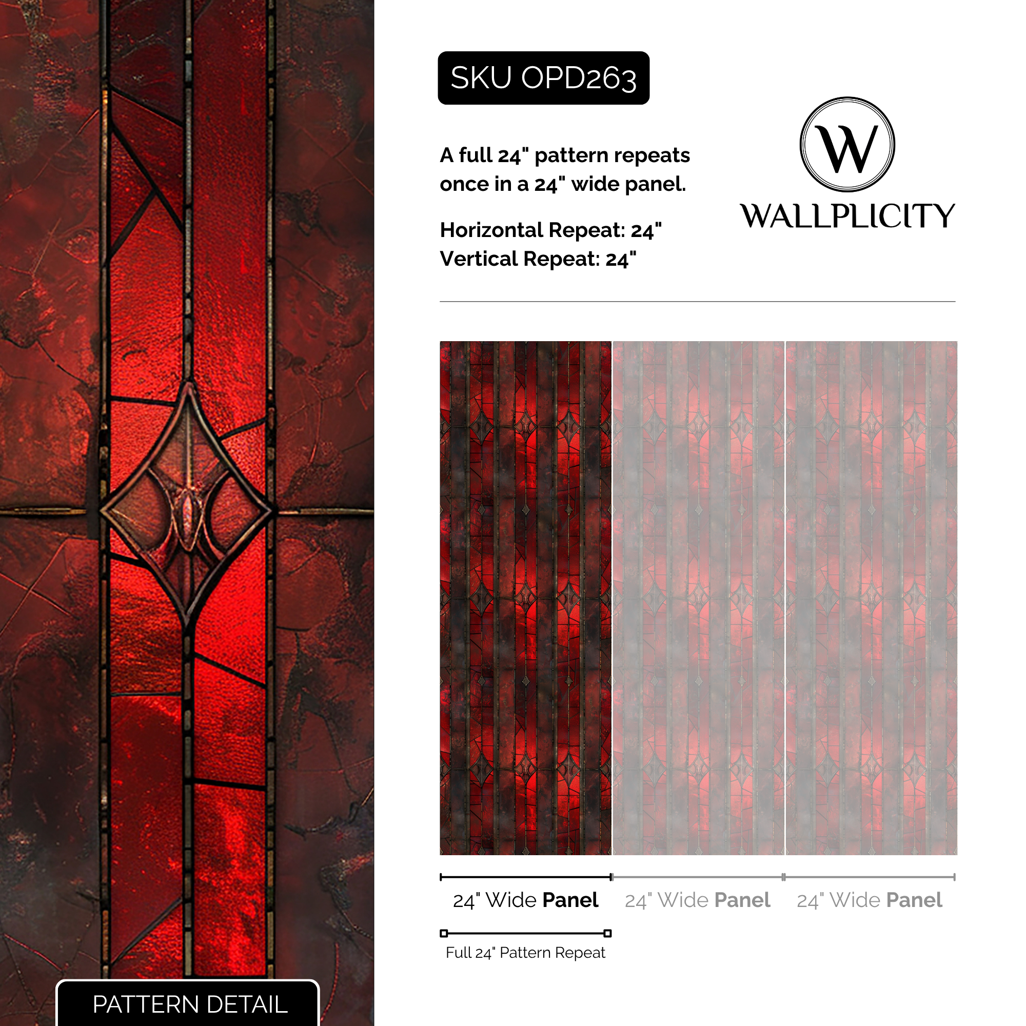Crimson Glass wallpaper pattern detail and repeat size