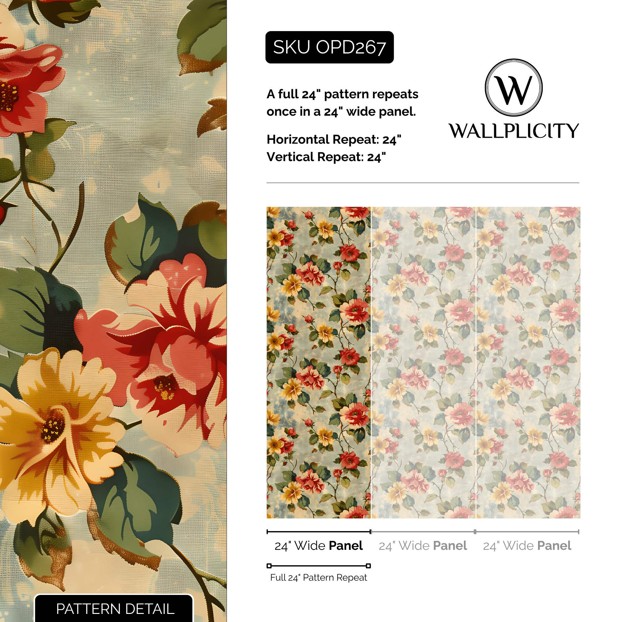 Retro Posy wallpaper pattern detail and repeat size