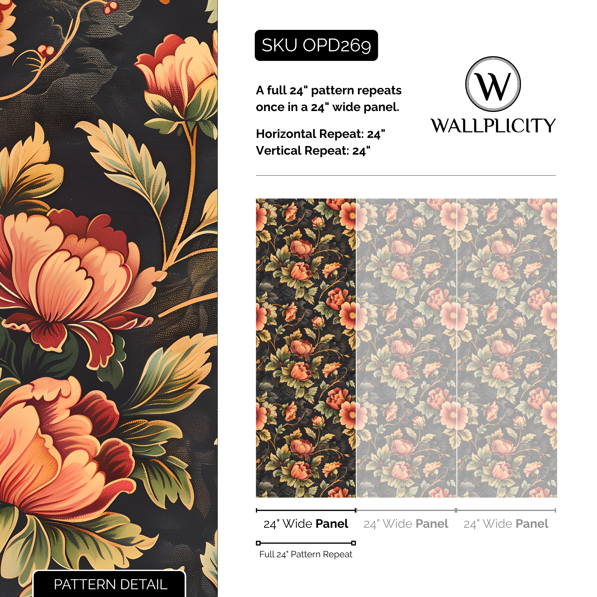 Farmstead wallpaper pattern detail and repeat size