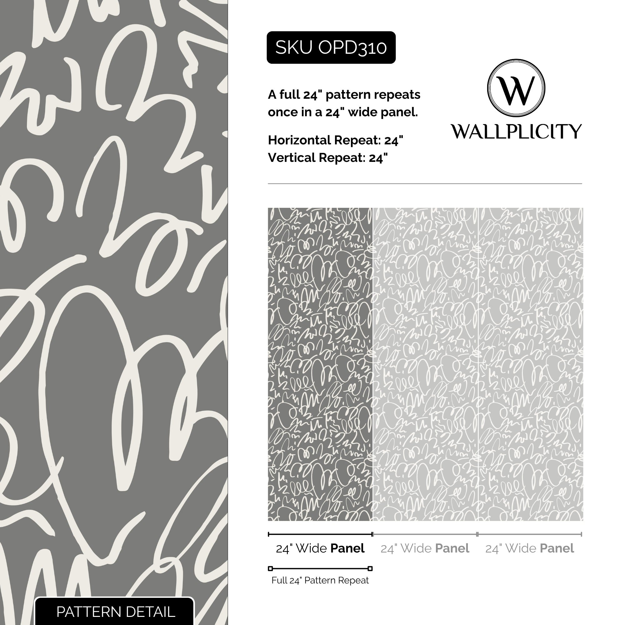 Graphite Doodle wallpaper pattern detail and repeat size