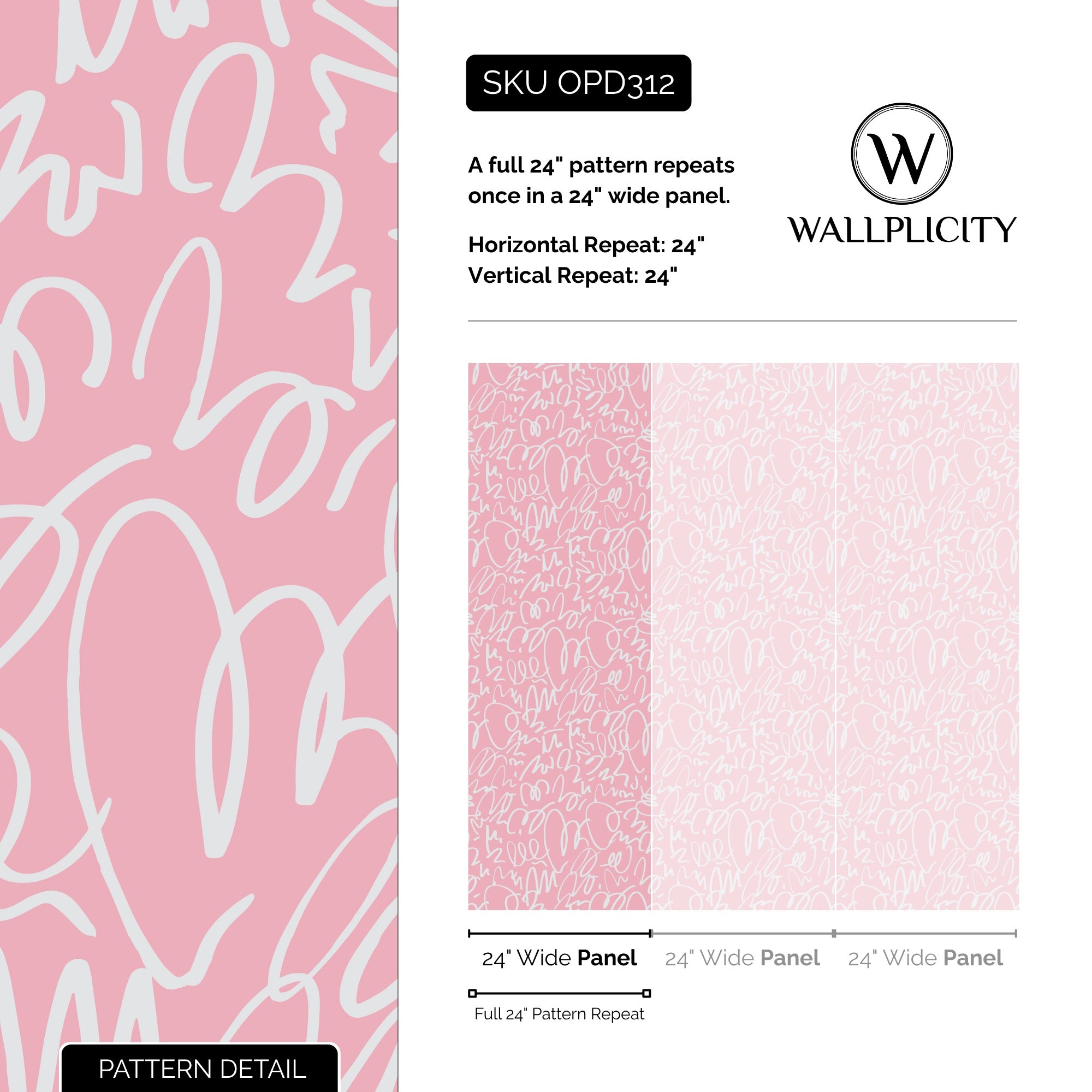 Pink Doodle wallpaper pattern detail and repeat size