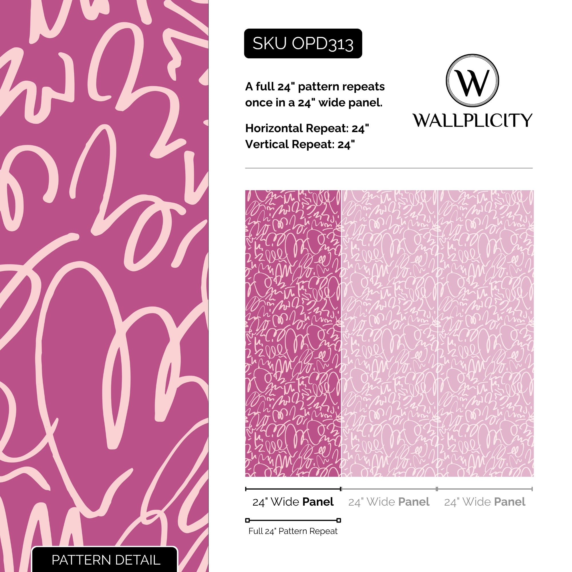 Magenta Scribble wallpaper pattern detail and repeat size
