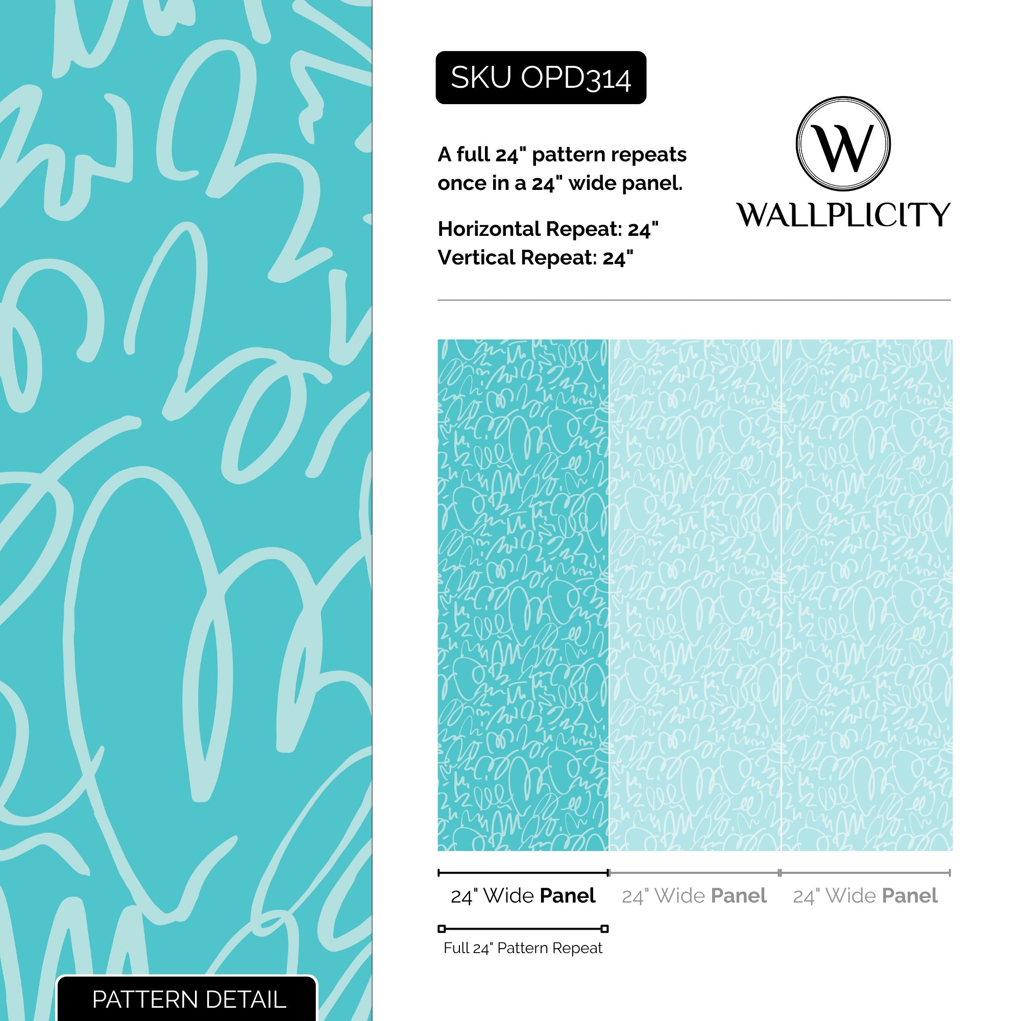 Teal Doodle wallpaper pattern detail and repeat size